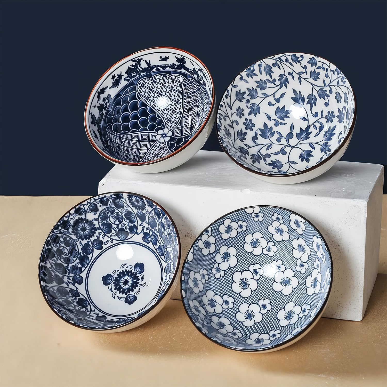 Rice Bowls 10oz, Japanese Style Bowls Set of 6 with Gift Box - Blue and White Ceramic Bowls for Soup, Dessert, Ice Cream, Snack - Kitchen Gifts for Women (Blue and White)