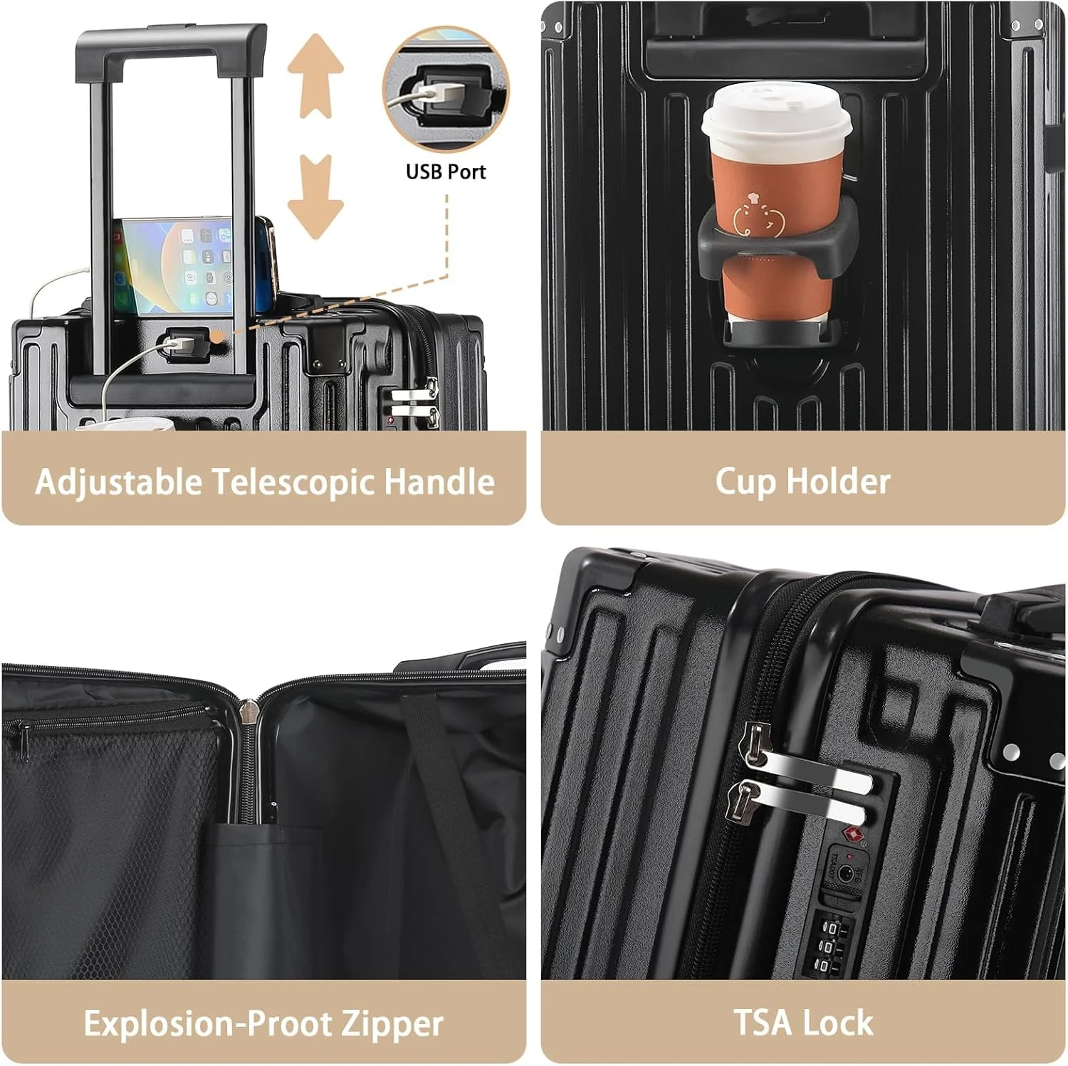 20 Inch Carry On Luggage With Cup Holder & USB Port, Airline Approved TSA-locked Luggage, Lightweight PC Material Travel Suitcase With 360- Spinner Wheel - Image 16
