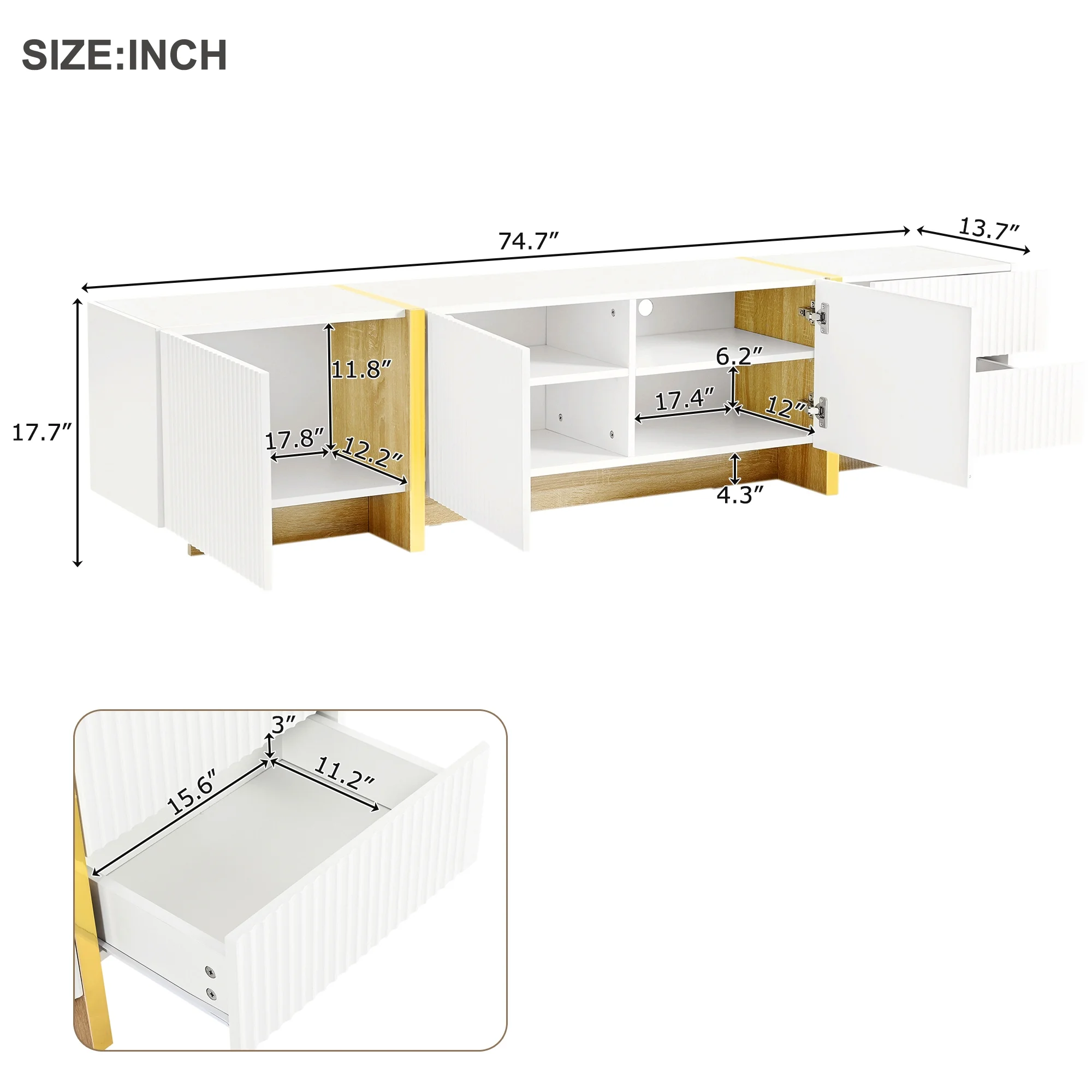 Luxury Fluted TV Stand for TVs Up to 80'', Modern Entertainment Center with Storage Cabinets & Drawers, Smooth Media Console with lden Wood Grain Legs for Living Room, White - Image 5