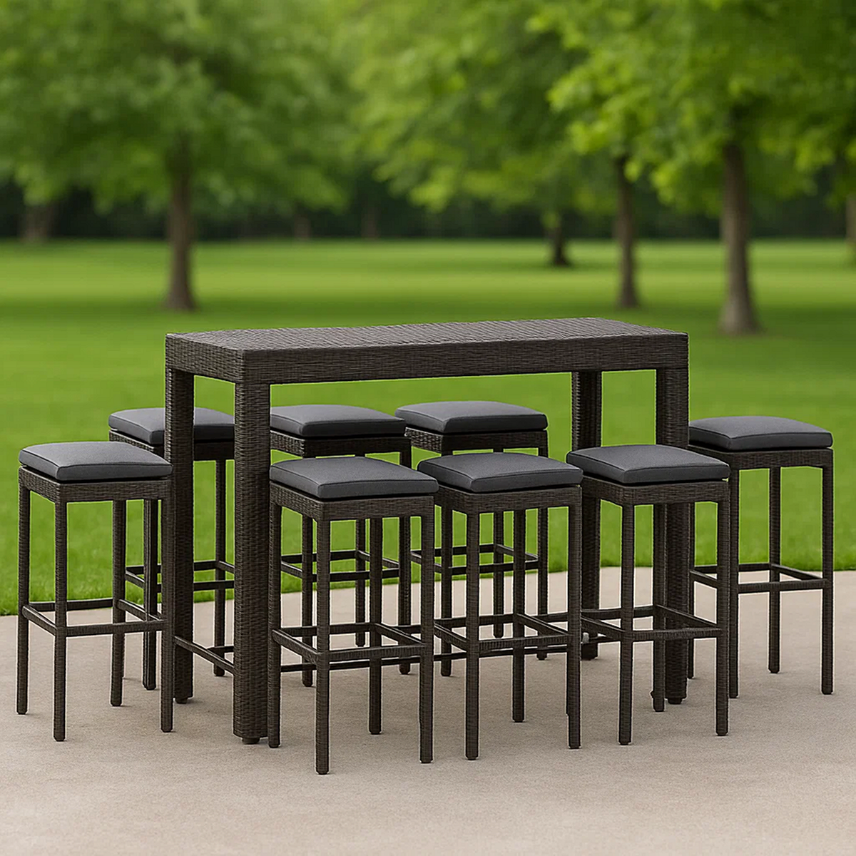 Conjunto de bar para jardín 9 pzas ratán sintético marrón oscuro con cojines – mesa alta rectangular y 8 taburetes