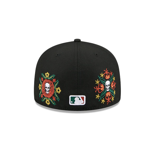Back view of the Los Angeles Dodgers 59FIFTY hat featuring the embroidered MLB Batterman logo.