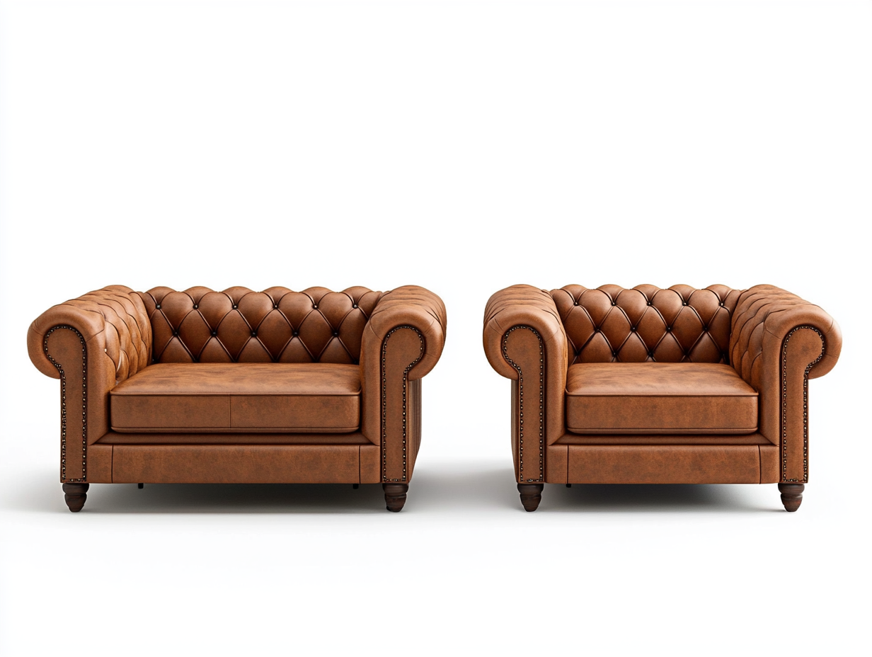 Set sofá y sillón Chesterfield 150×85×75 cm y 95×85×75 cm – marrón cuero – tapizado en piel sintética con capitoné clásico