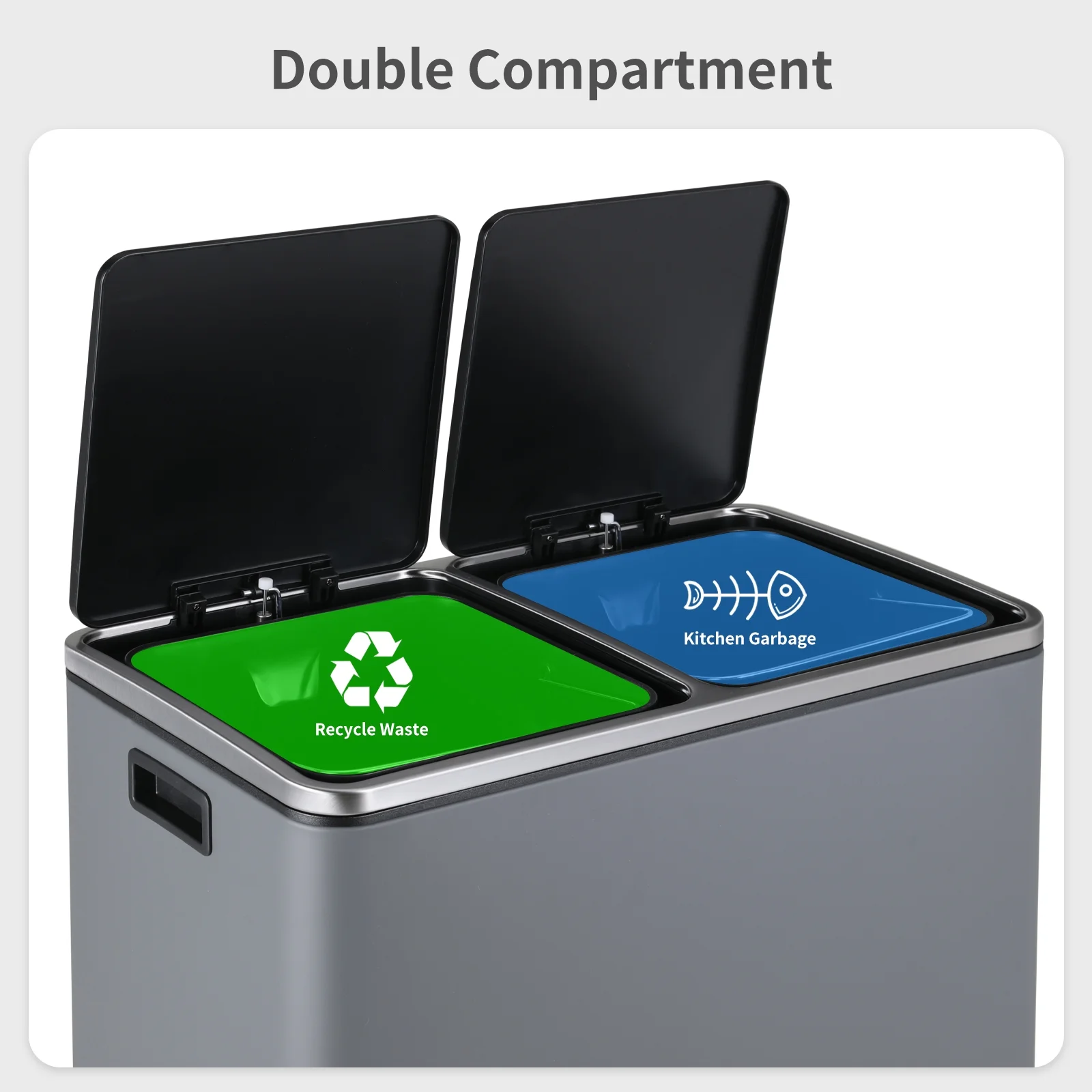 LAZY BUDDY Dual Garbage Can, Stainless Steel 16 Gallon Step Kitchen Trash Can with Soft-Close Lid, Double Compartment Garbage Recycling Bin - Image 39