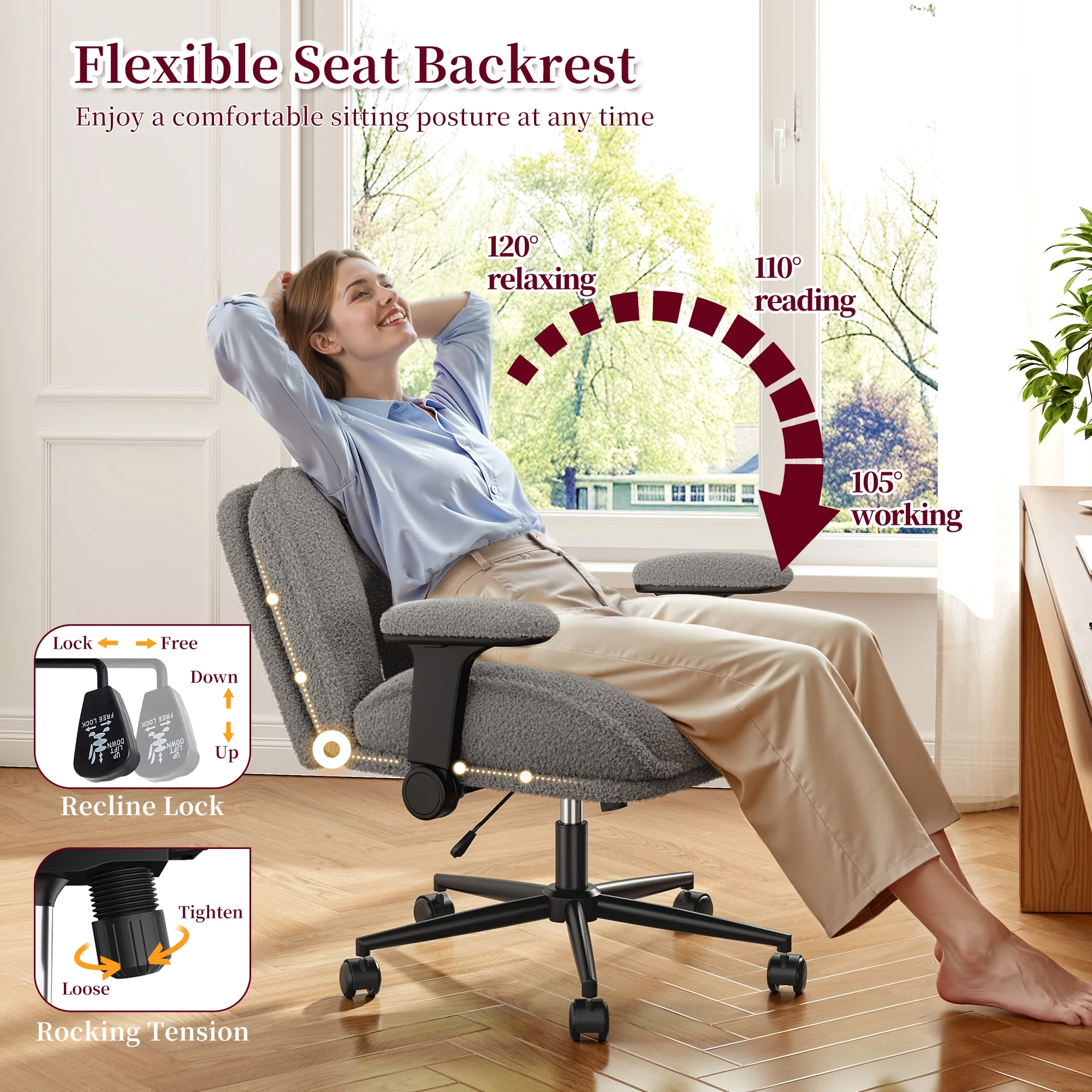 Romorgniz Criss Cross Chair with Adjustable Arms & Lumbar Support Office Chair with Reclining Back, Thick Cushion & Wheels for Office, Gaming, Reading, Vanity, Off-White - Image 15