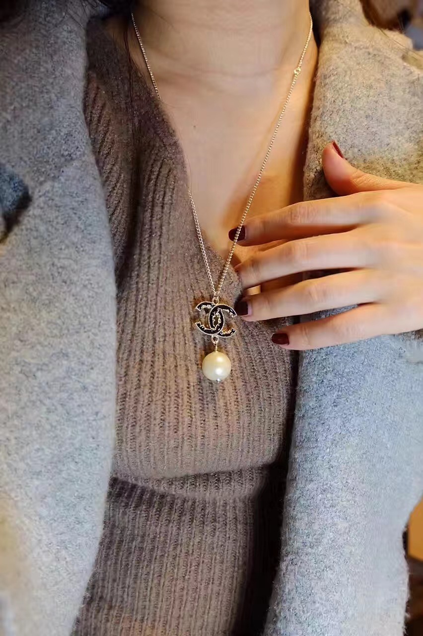 Chanel Black Double C Pearl Drop Pendant Necklace - Original Replica Club