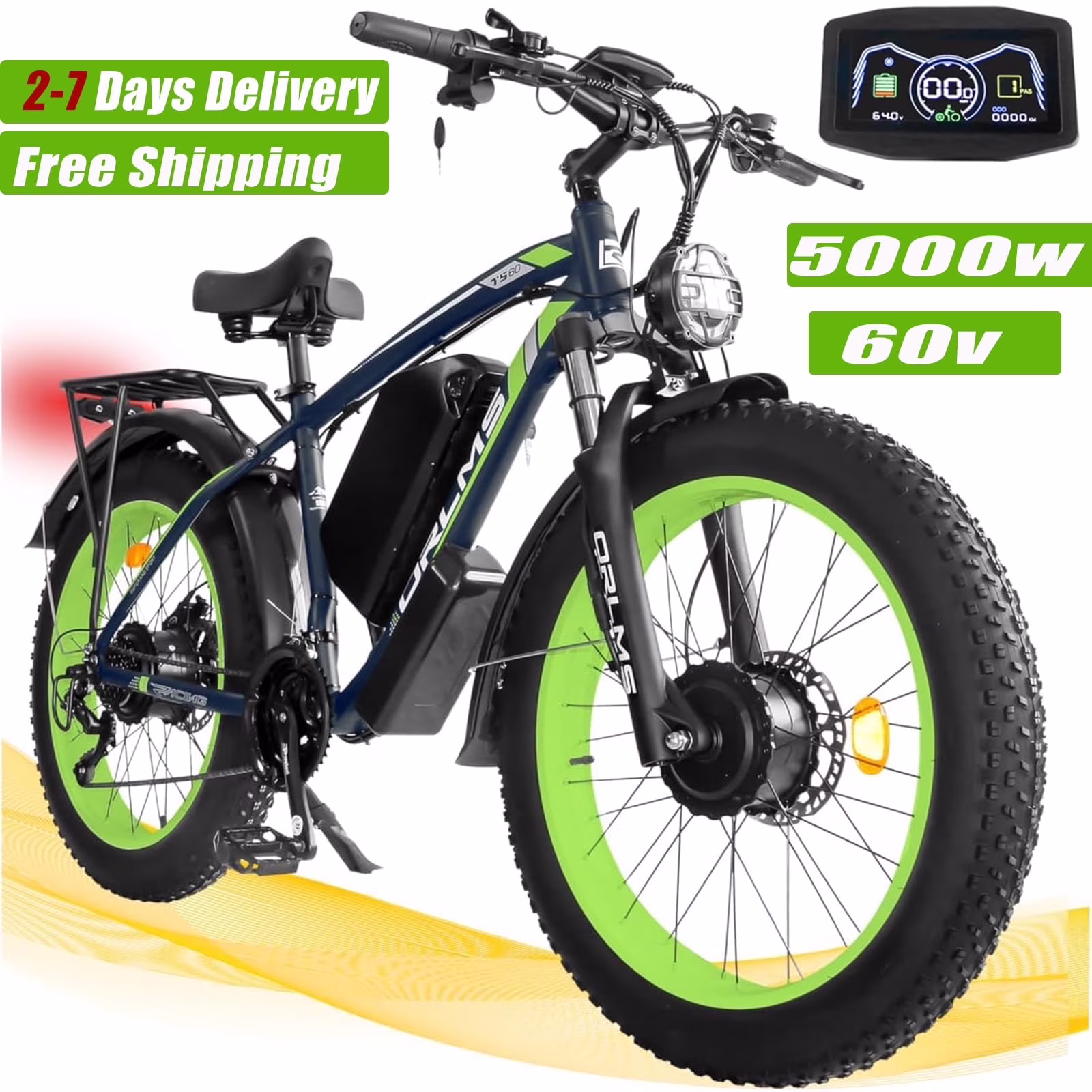 5000w Peak Dual Motor Electric Bike, 26" Fat Tire Shimano 21 Speed 45 MPH Commuter Mtb, 60V 25AH Front Suspension Ebike(Black-Green)