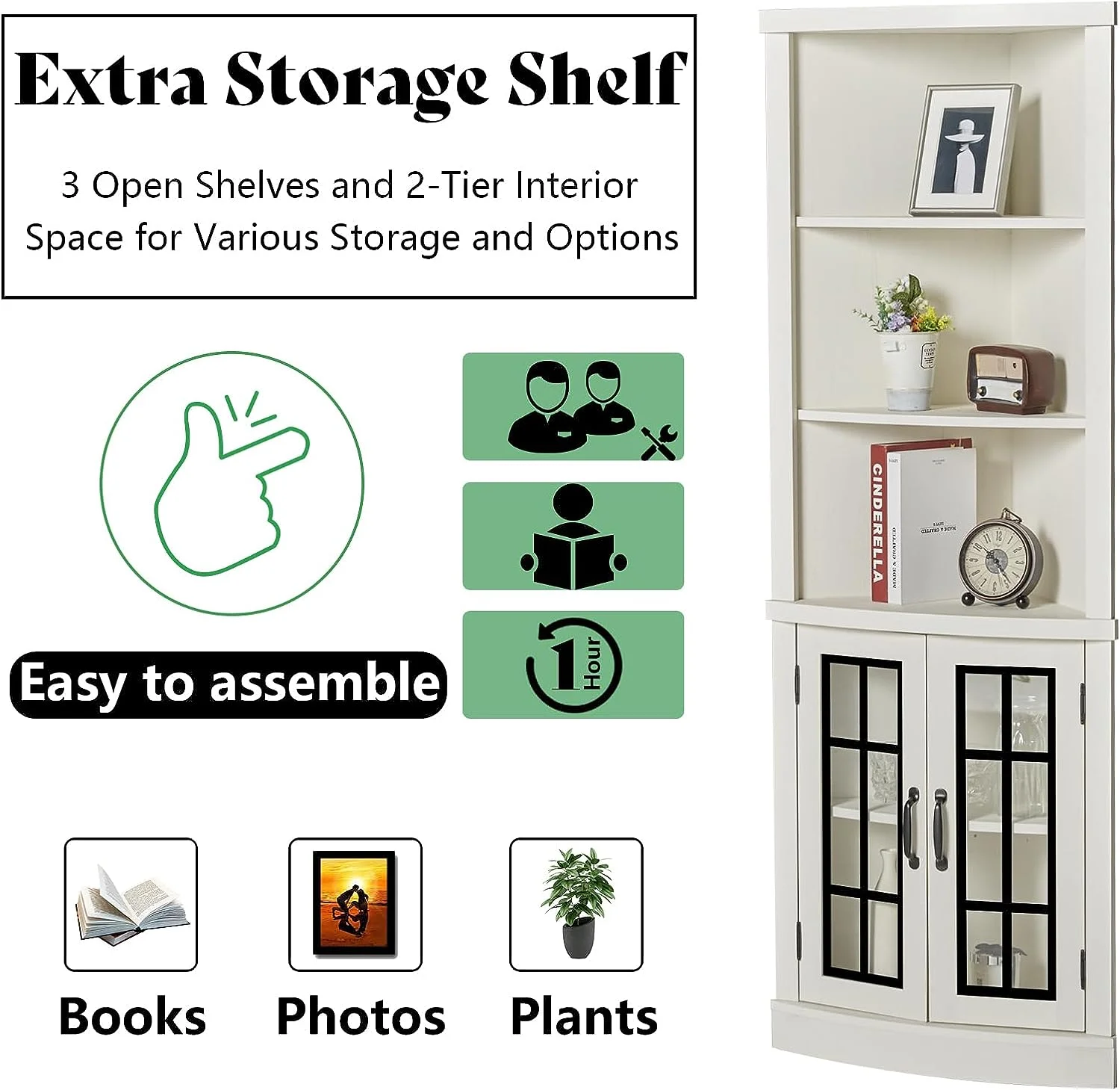 Merluxy Curved Corner Cabinet, 65" Wood Bookcase with 3 Shelves, Distressed White - Image 6