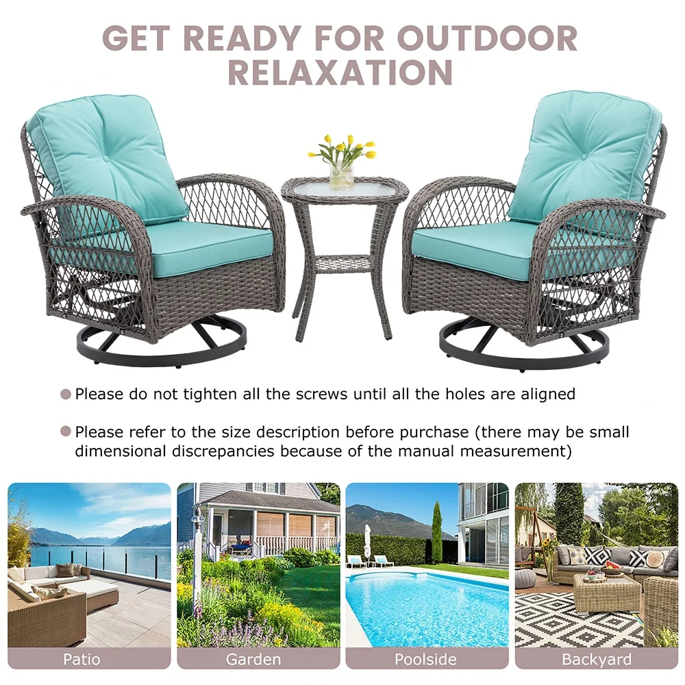 3 Piece Patio Swivel Rocker Chairs Set, 2 360-Degree Swivel Rocking Chairs with 1 Glass Top Table, PE Rattan Outdoor Bistro Set with Cushions for Balcony Deck Poolside Backyard Porch - Image 11