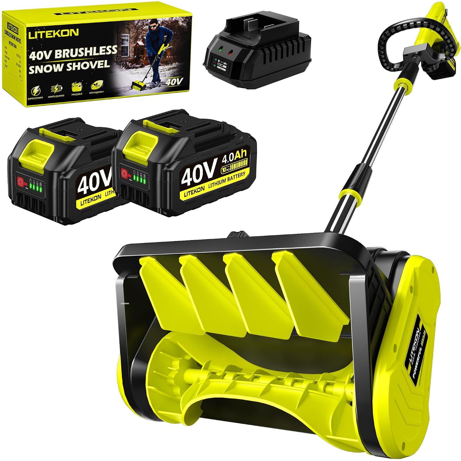 Litekon 40V Brushless Cordless Snow Shovel, 13-Inch Electric Snow Blower with 2X 4.0Ah Batteries Snow Removal with 25FT Throw Distance for Patio, Deck, Driveway,Green - image 2