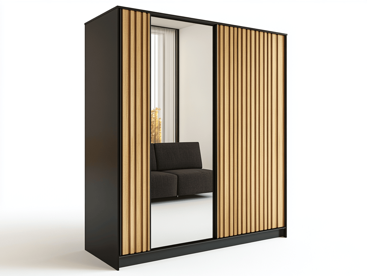 Armario moderno con puertas correderas espejo y listones en madera clara