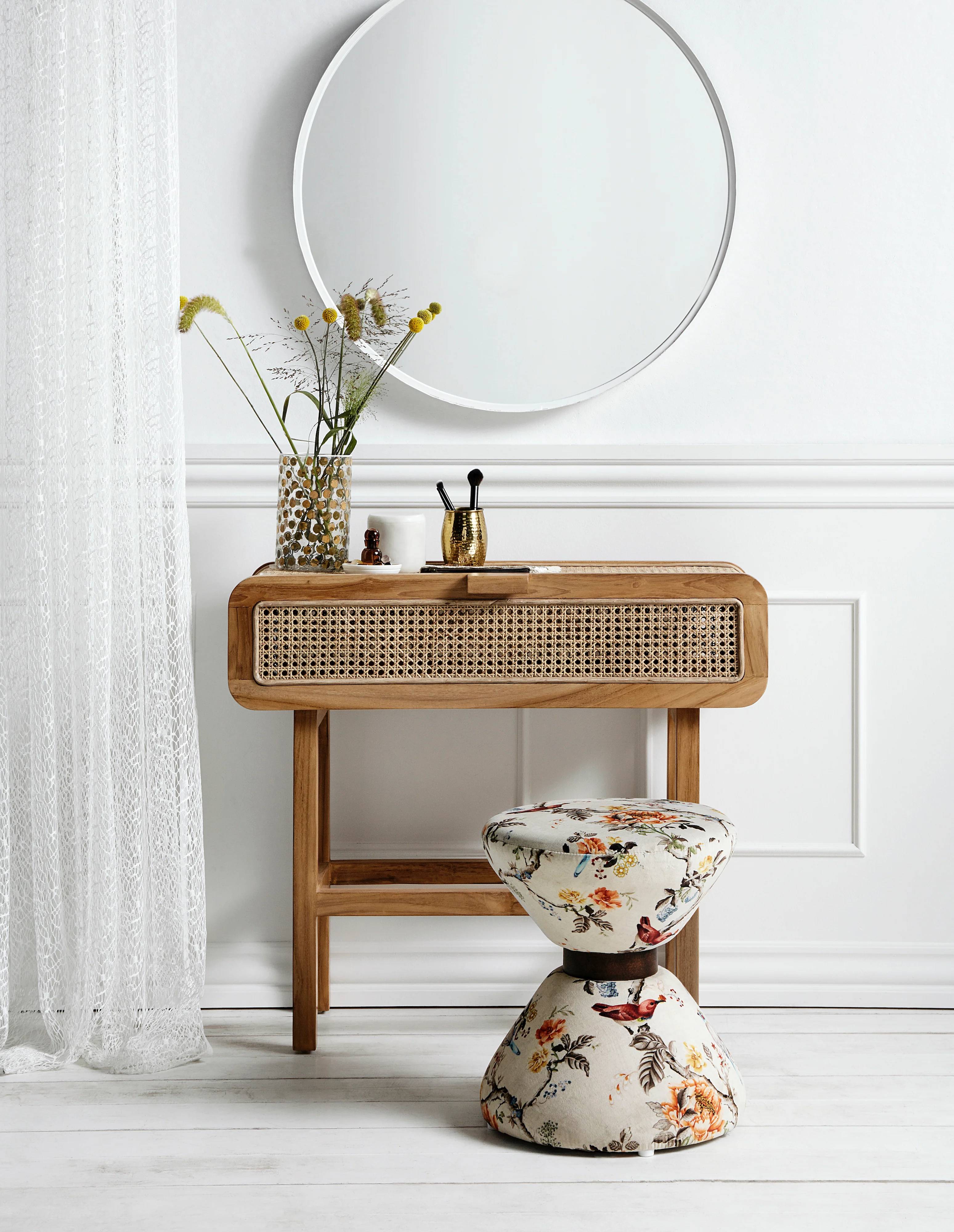 MERGE console or nightstand, teak with rattan