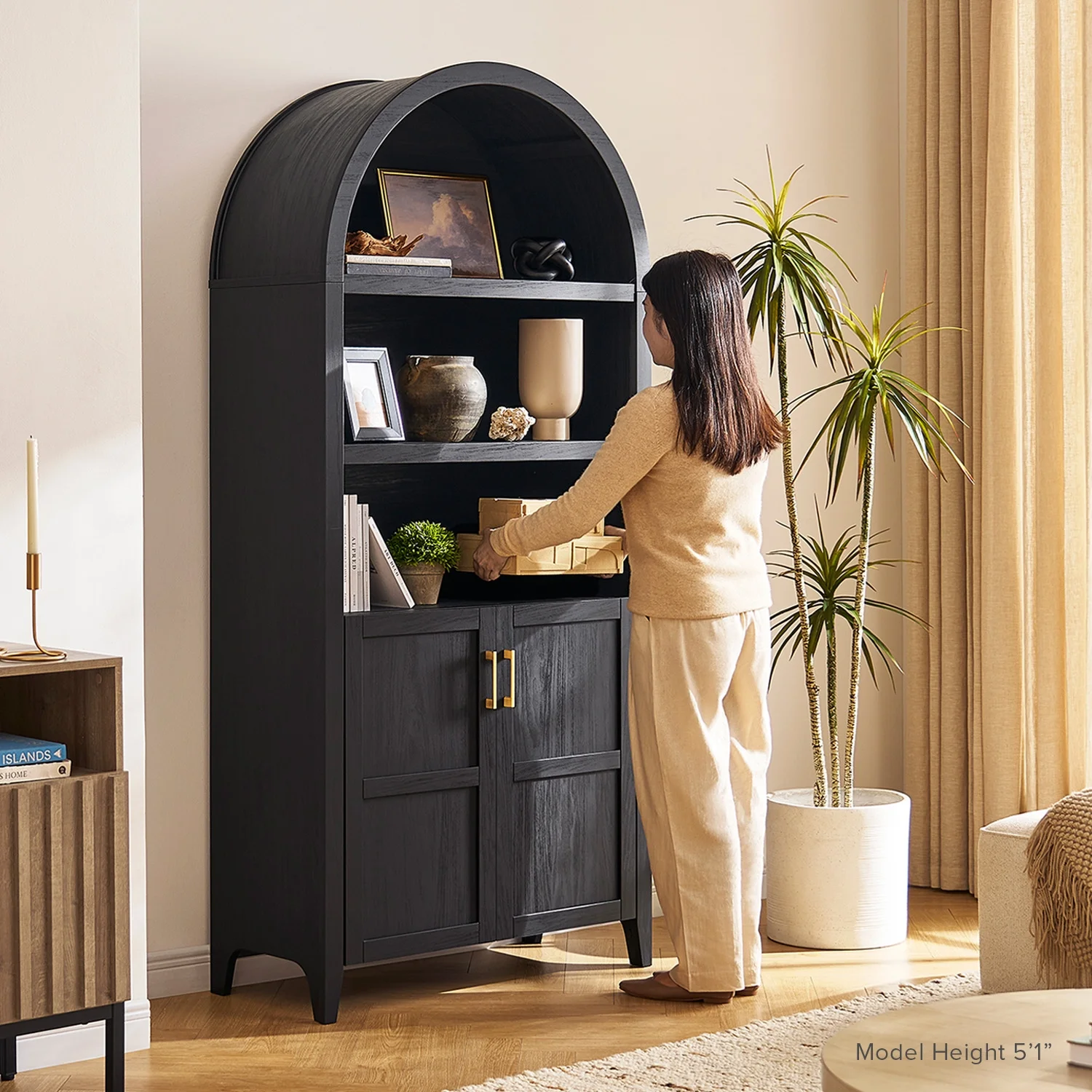 mopio Lauren 65.4" Arched Cabinet, 5-Tier Arched Bookcase with Doors and Shelves, Arched Bookshelf with Storage, Kitchen Pantry Cabinet, Wooden Storage Cabinet for Living Room, Kitchen (Oak) - Image 24