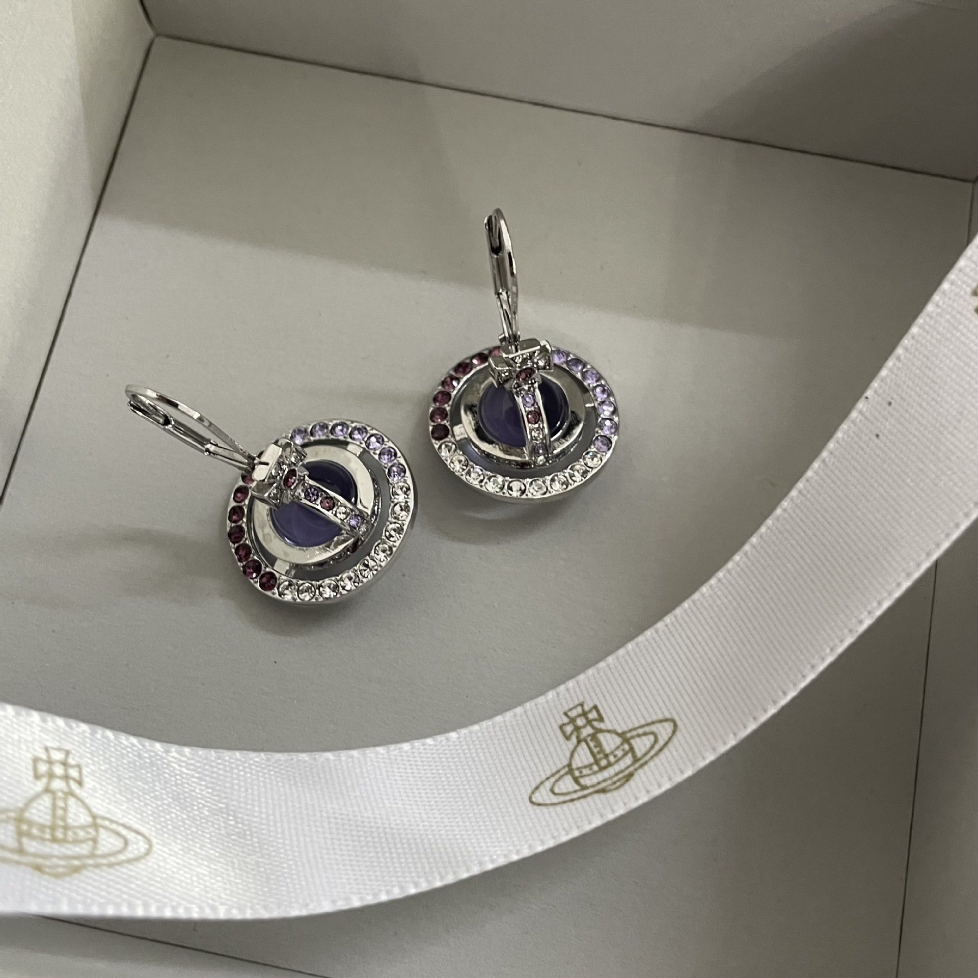 Vivienne Westwood Light Purple Crystal Ball Planet Saturn Earrings - Original Replica Club