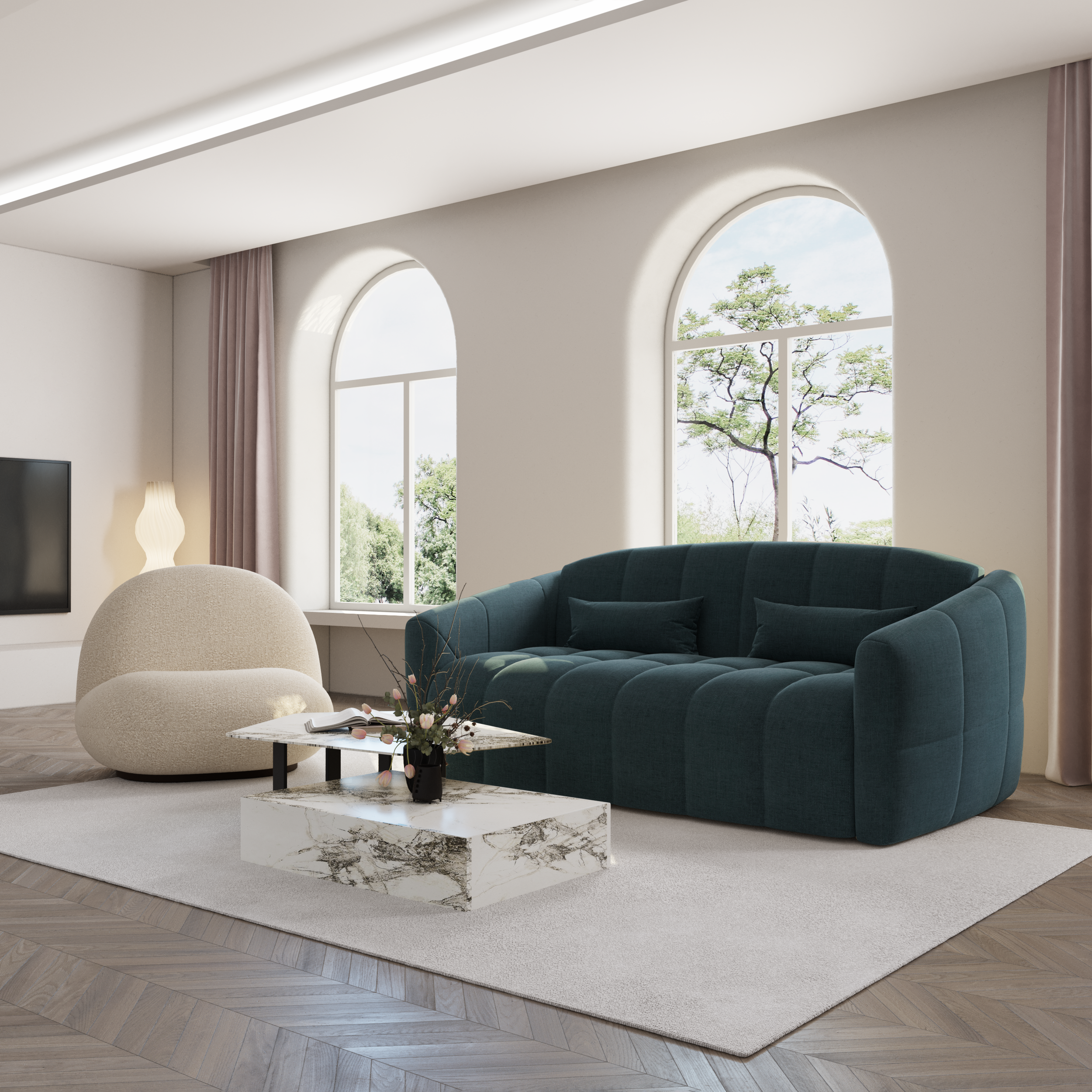 Rechte bank NORA 3 personen Fluweel Pauwblauw