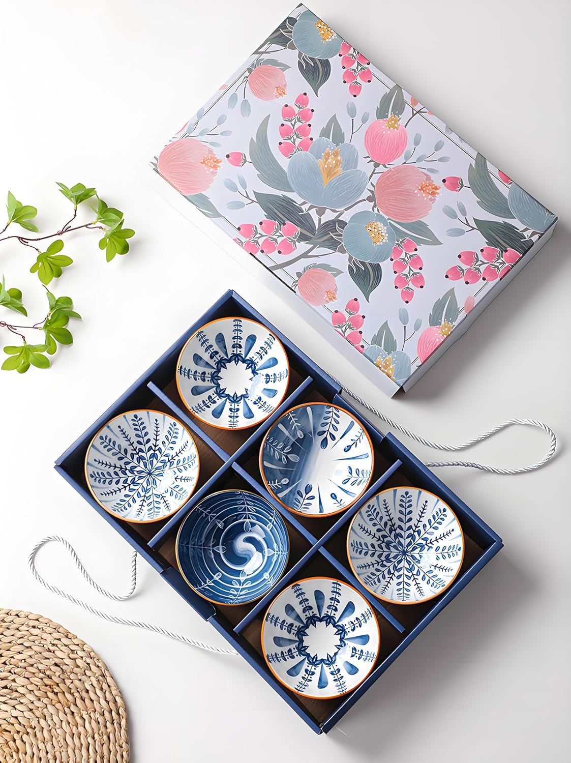 Rice Bowls 10oz, Japanese Style Bowls Set of 6 with Gift Box - Blue and White Ceramic Bowls for Soup, Dessert, Ice Cream, Snack - Kitchen Gifts for Women Christmas Gift