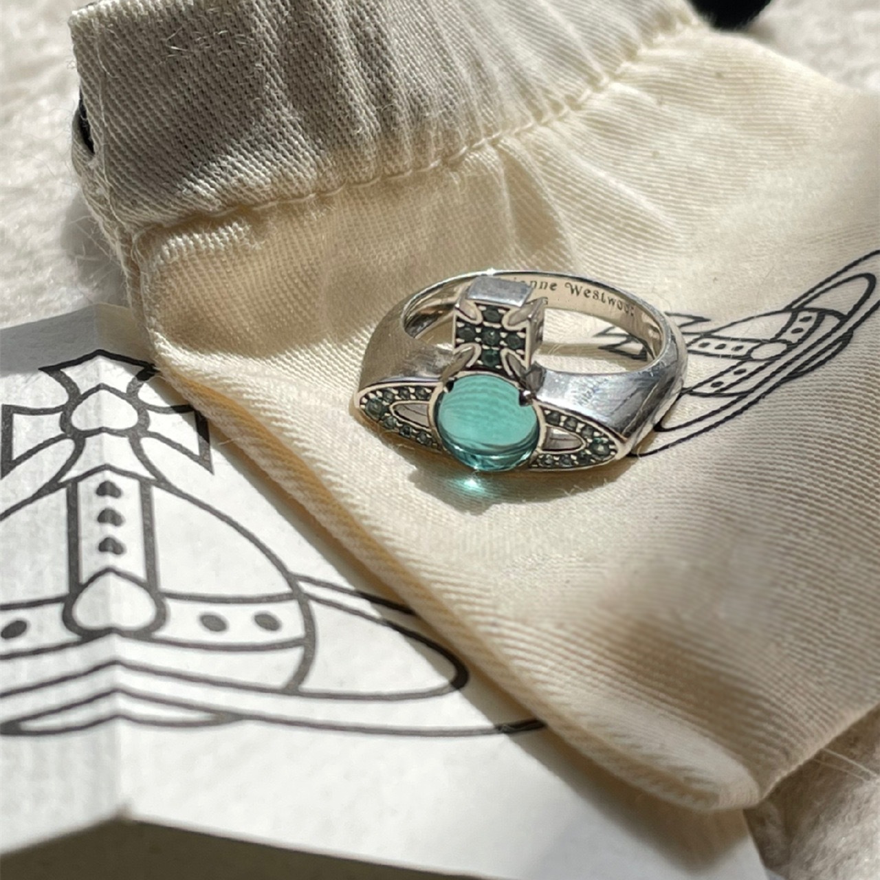 Vivienne Westwood Lake Blue Lucky Bead Saturn Ring - Original Replica Club
