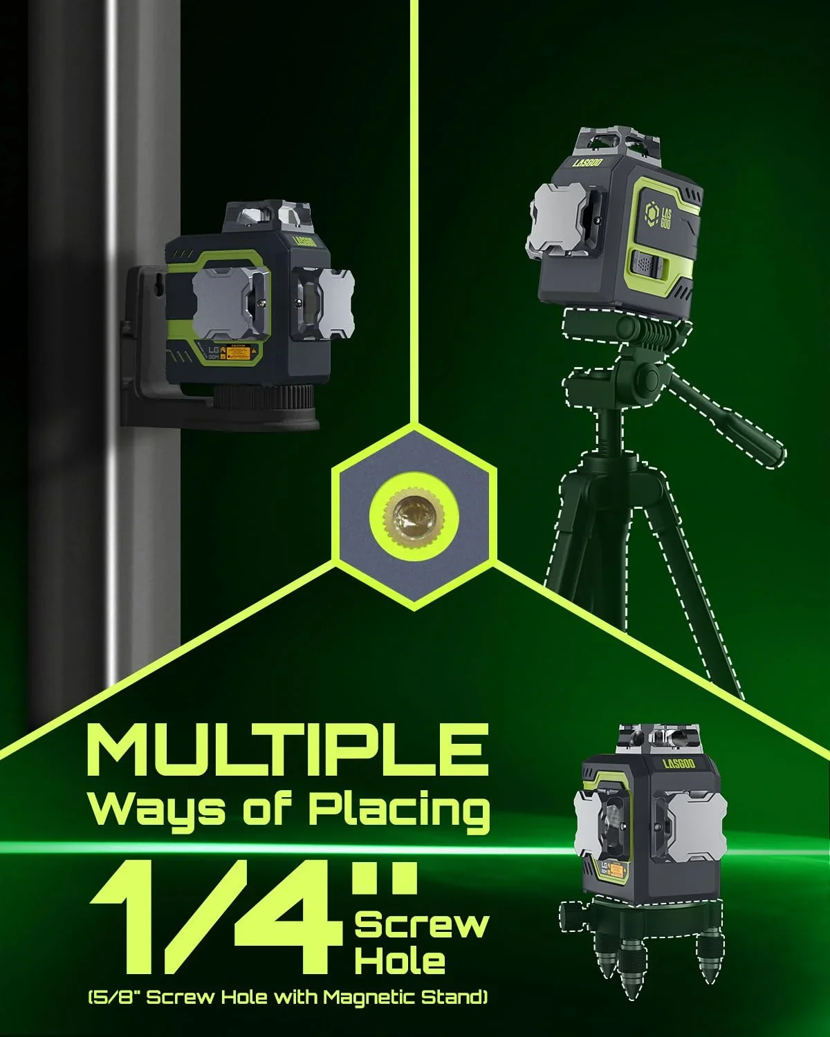 Laser Level 3x360- LASGOO with Remote Control, 2 Rechargeable Batteries, 100FT Range, 360- Magnetic Rotating Stand, IP54, 3Ds