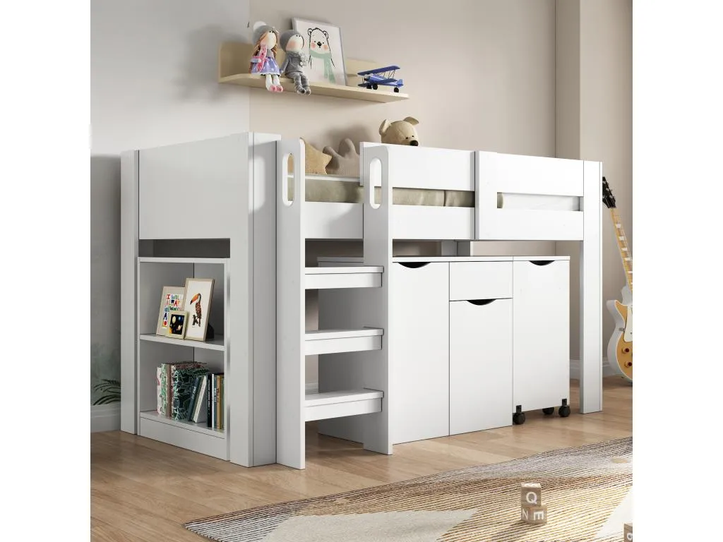 Cama entreplanta infantil 90x200 cm - en MDF - con escritorio retráctil y armario extraíble - Blanco