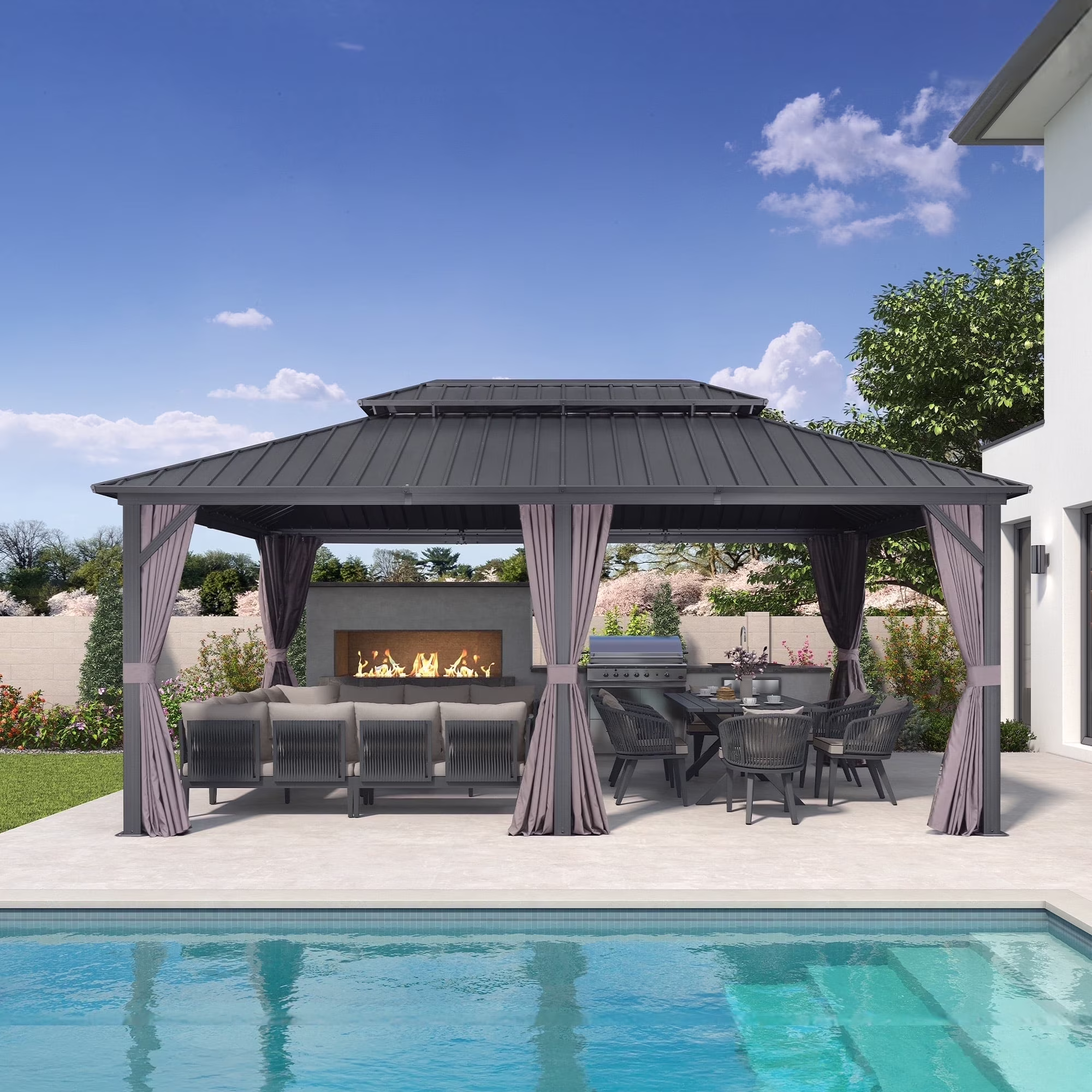 PURPLE LEAF 8' X 8' Gazebo Outdoor Gazebo Permanent Hardtop Gazebo with Galvanized Steel Double Roof for Patio Backyard Deck Aluminum Gazebo with Netting and Curtains Grey