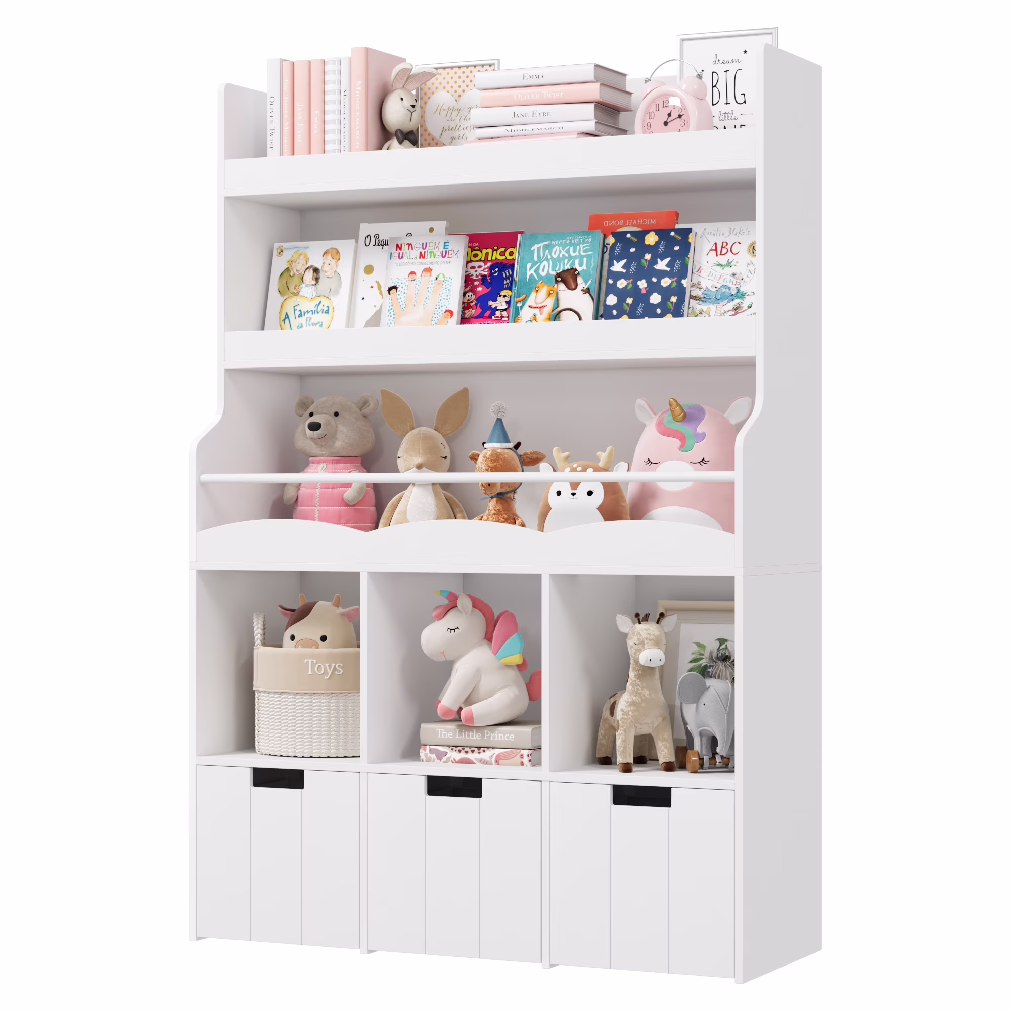 Homfa 55.5- H Kids Bookshelf with 2-Tier Book Shelves, Children Toy Organizer with 3 Cubes and Removable Drawers, White
