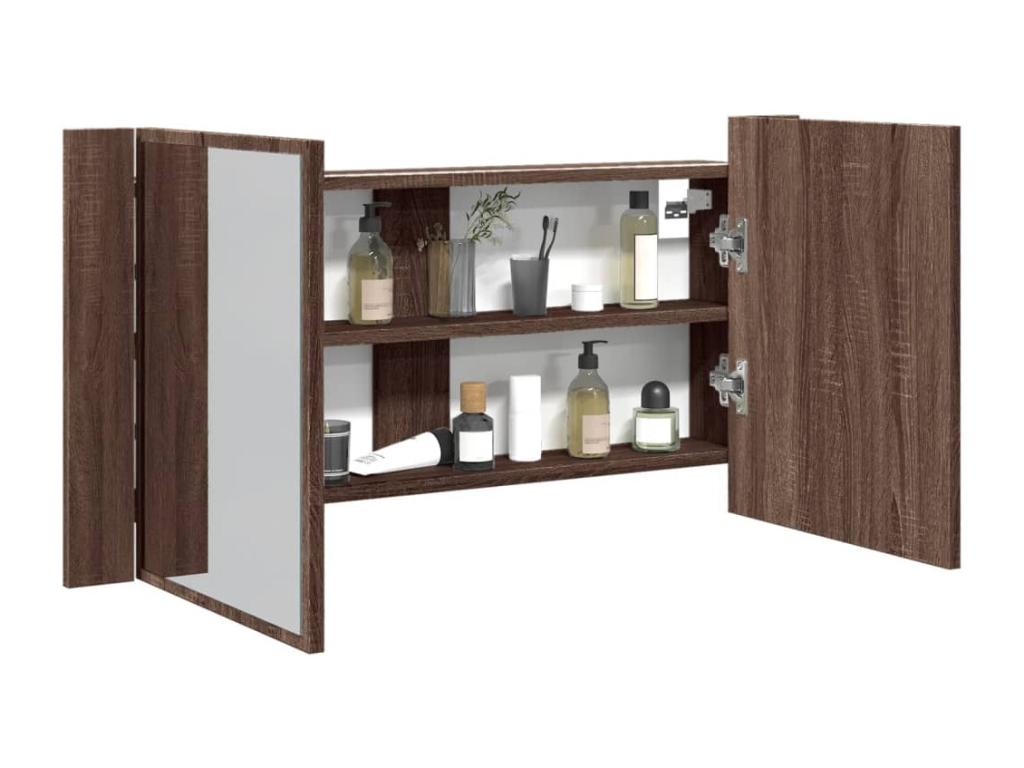 Armario espejo de baño LED acrílico marrón roble 90x12x45 cm