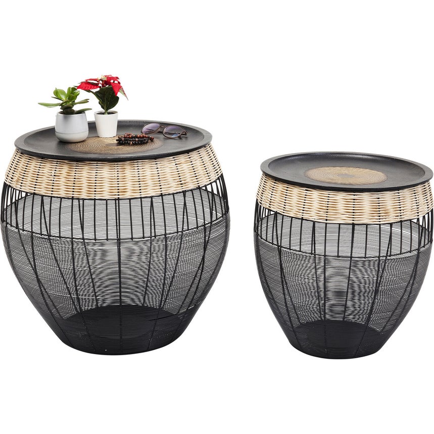 Kare Design African Drums Bijzettafel - Set Van 2 - Zwart Metaal Rotan