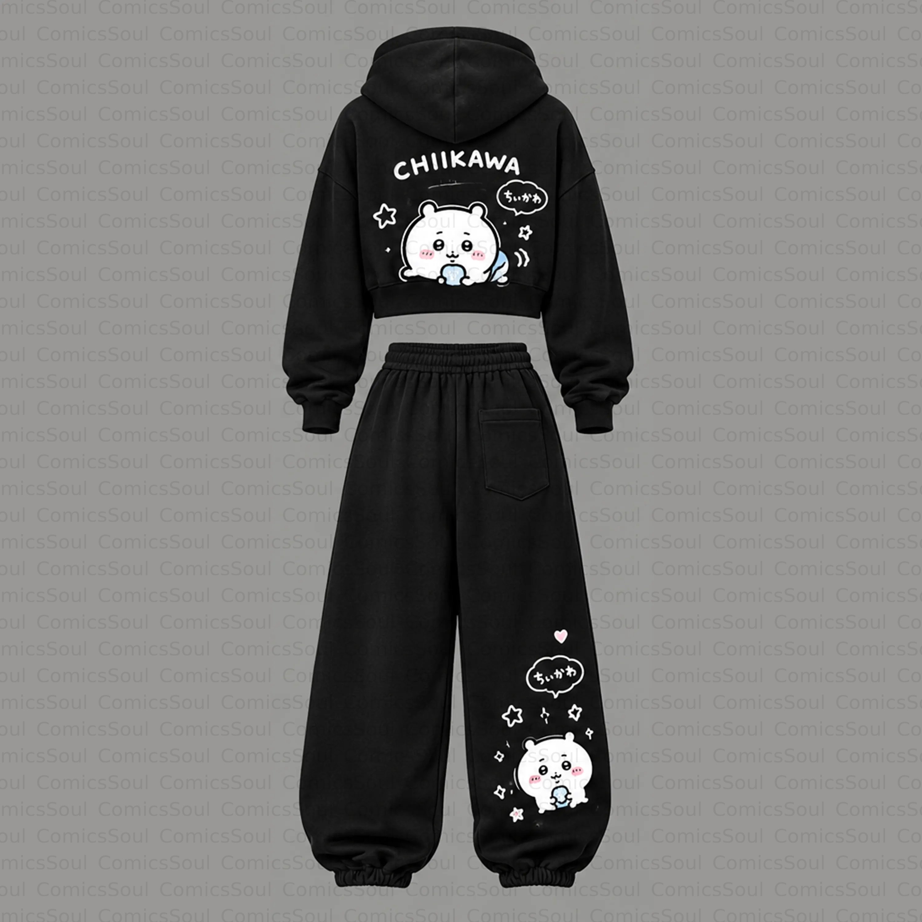 Chiikawa Cropped Long Sleeve Hoodie & High Waist Jogger Pants Two Piece Set 3525995 TeeThreads Sustain the Scene with Custom Apparel