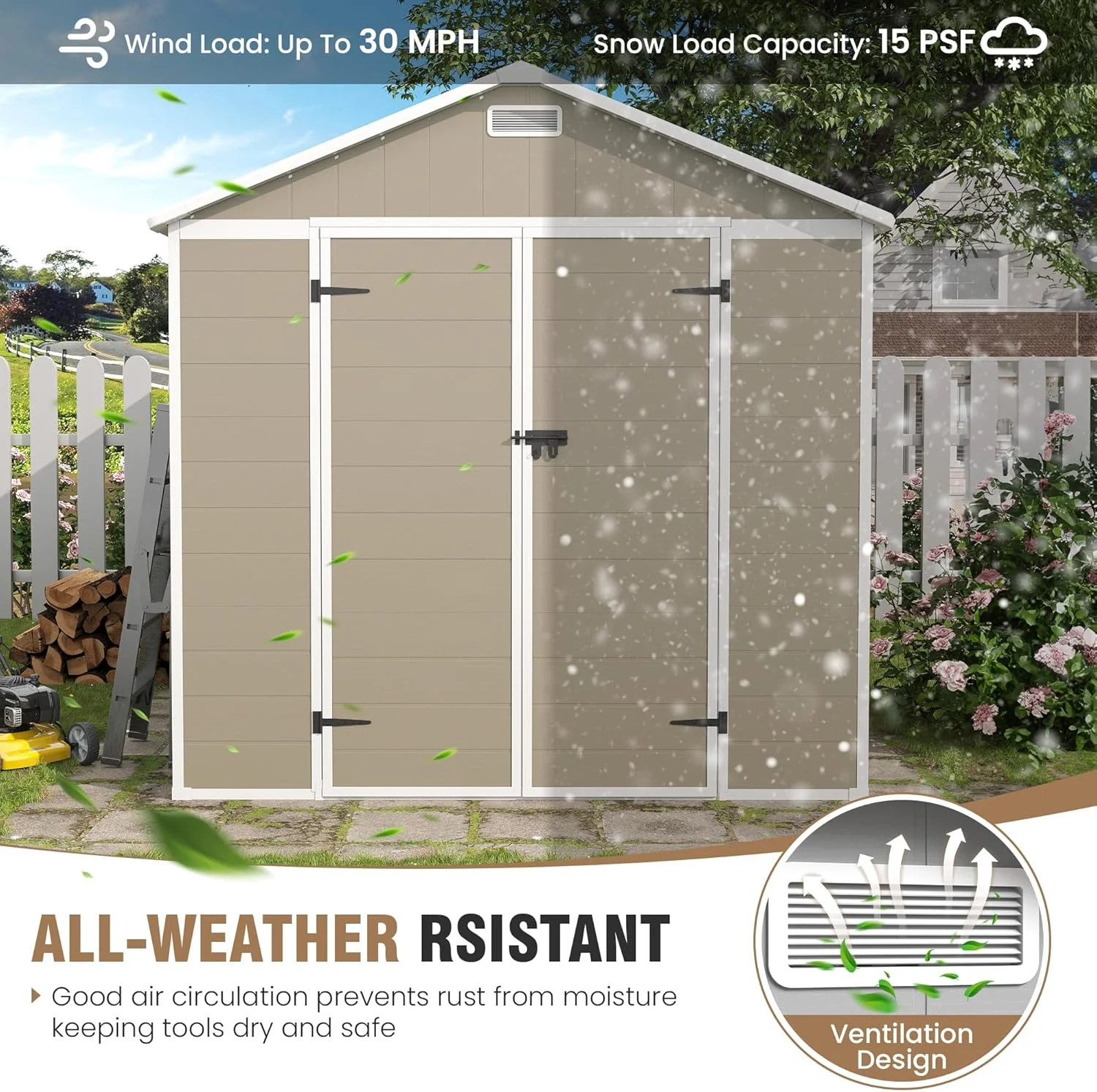 ELPOSUN Outdoor Storage Shed 6x4.5 ft, Resin Outside Sheds & Outdoor Storage Plastic for Trash Can, Bike, Lawnmower, Generator, Tool Shed with Lockable Door for Backyard, Lawn, Patio, Grey & White - Image 30