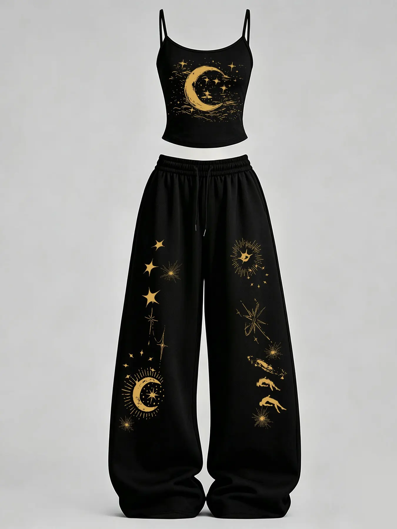 Women's Casual Home Wear Set, casual everyday set, Star Moon Print Slim Fit Tank Top + Loose Pants TeeThreads Sustain the Scene with Custom Apparel