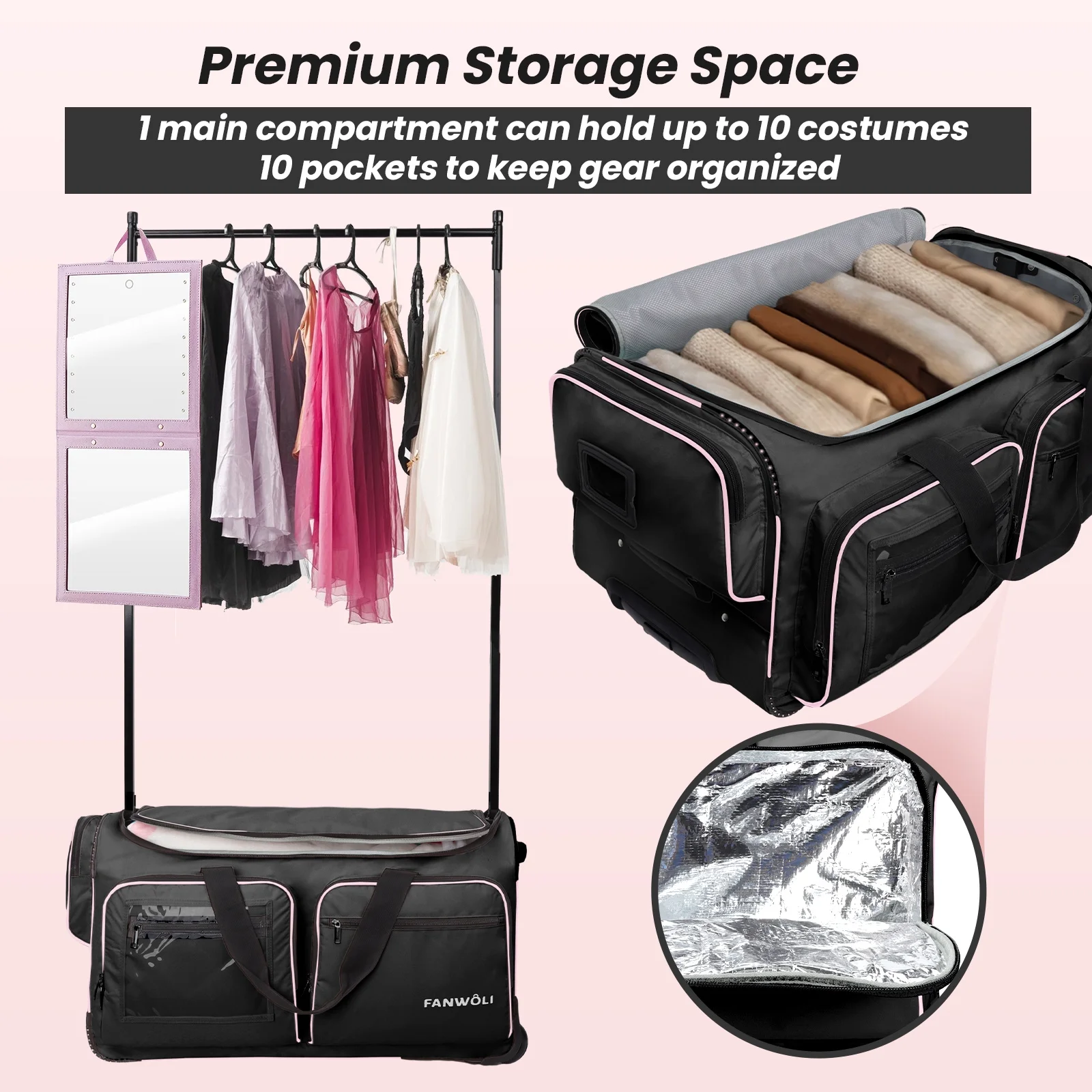 Fegat Dance Bag with Garment Rack - 28"Collapsible Rolling Competition Dance Duffle Bag Lightweight Costume Wheeled Suitcase for Dancers Shows Livestreamer Athletes - Image 45