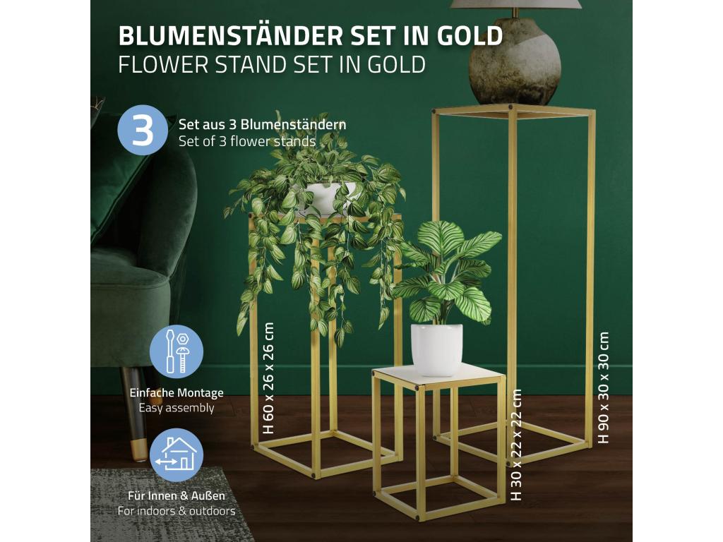 Juego de 3 soportes decorativos para plantas 30/ 60/ 90 cm pedestal metal dorado