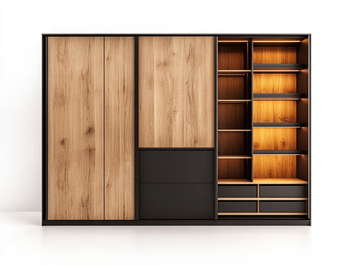 Armario Moderno de Madera con Puertas Corredizas y Estantes Iluminados