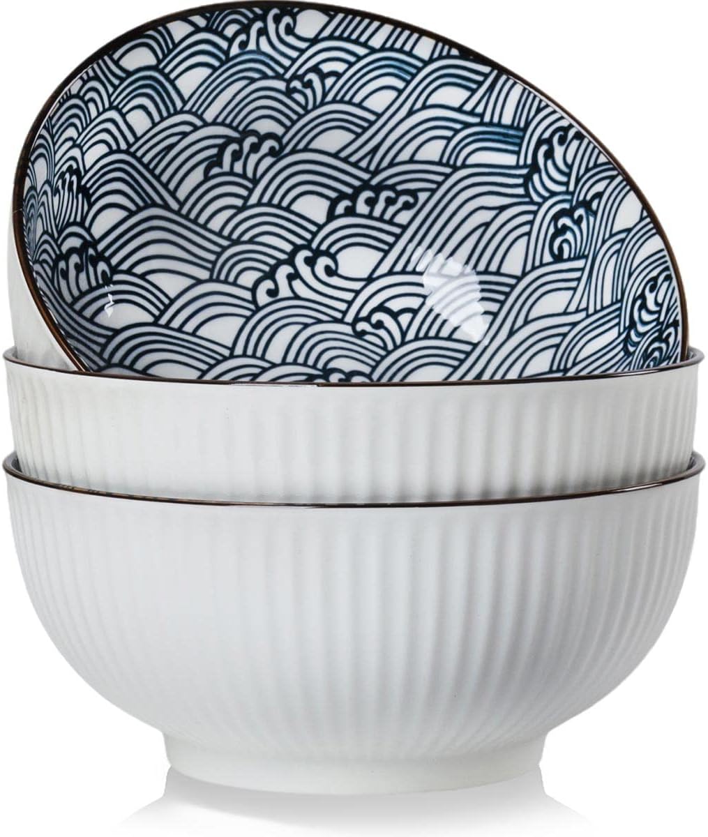 Houlu 60 oz Pho Bowls, Large Soup Bowl, Japanese Ramen Bowl Set, 8 inches Big Porcelain Bowls Set of 3, Wave Pattern