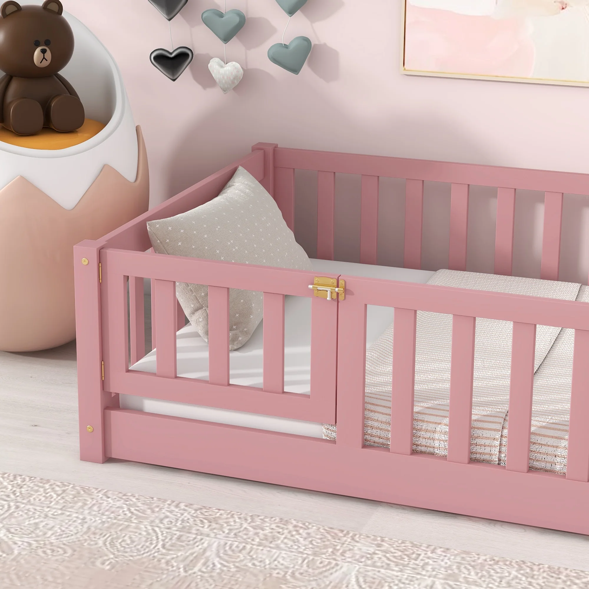 UHOMEPRO Twin Size Floor Bed with Door and Fence, Montessori Floor Bed with Slats and Safety Guardrails, Solid Wood Twin Bed Frame for Bedroom, White - Image 44