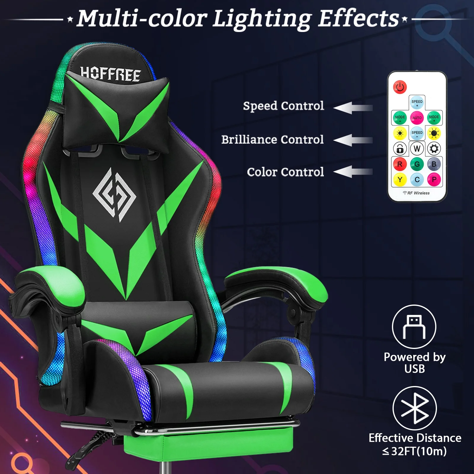 Hoffree Gaming Chair with Speakers PU Leather Office Chair with Footrest and LED Lights Ergonomic Gamer Chair with Massage Lumbar Support and Headrest Adjustable Swivel for Home Office 300lb - Image 38
