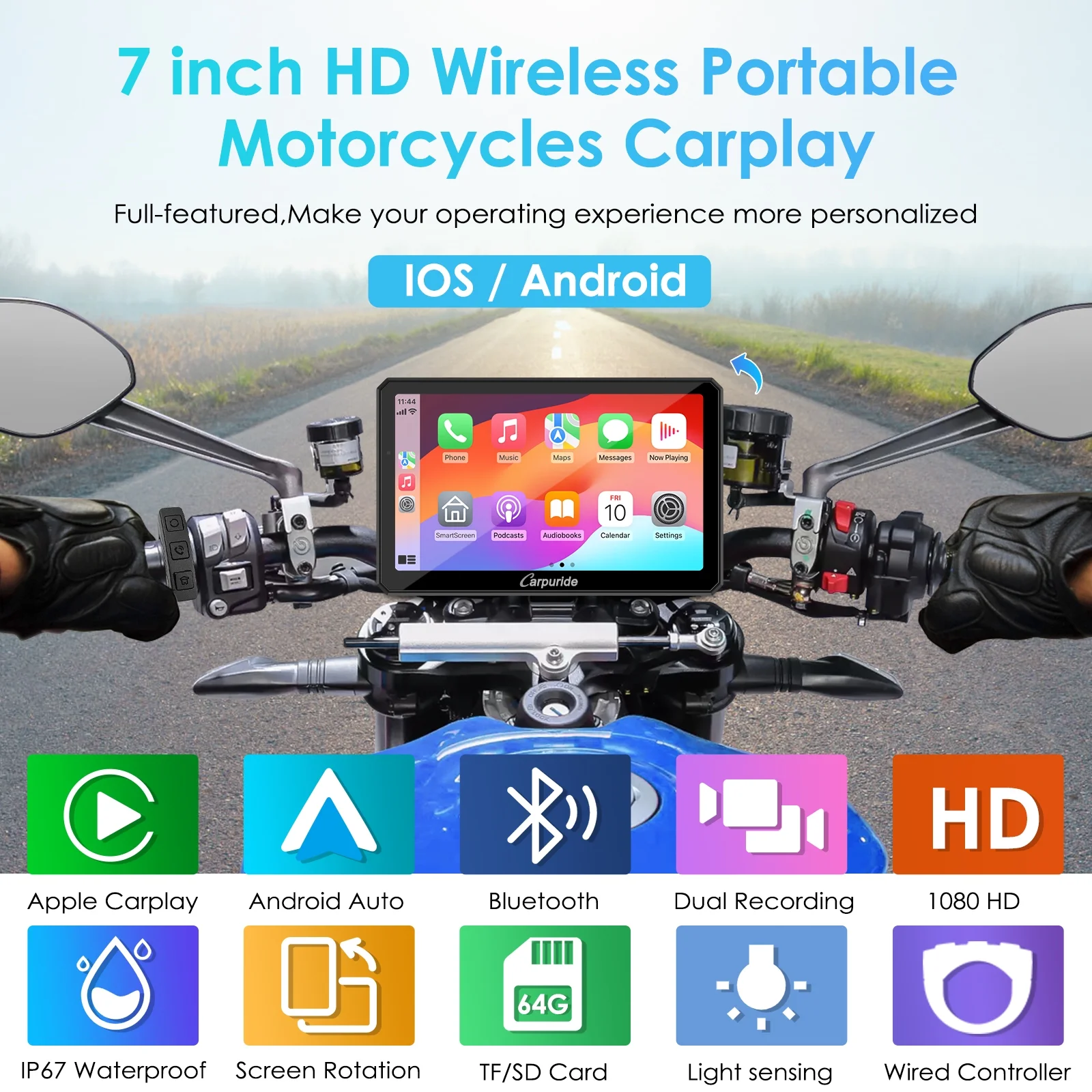 Carpuride Motorcycle HD Dual 1080P Dash Cam, Wireless Apple CarPlay & Android Auto Wire Control, Horizontal Vertical Rotation 7" Touch Screen (712D) - Image 8