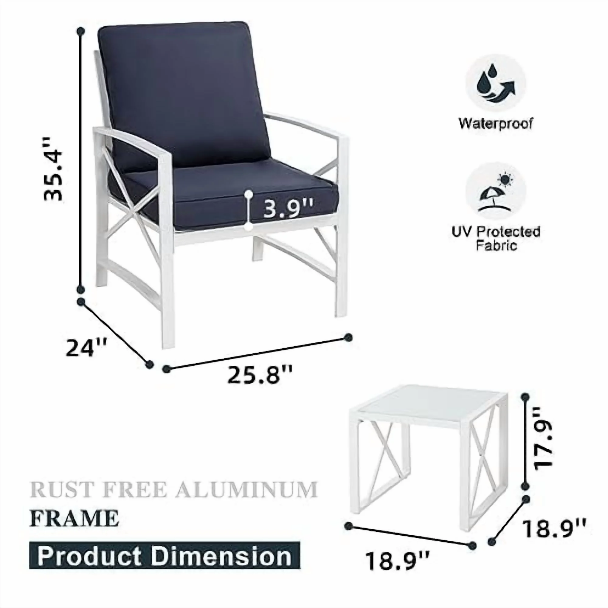 SUNLEI 3 Pcs Patio Outdoor Furniture Set, Porch Chairs Conversation Sets with Glass Coffee Table, Outside Metal Sofa Set for Garden, Balcony, Poolside, Backyard, Blue - Image 3