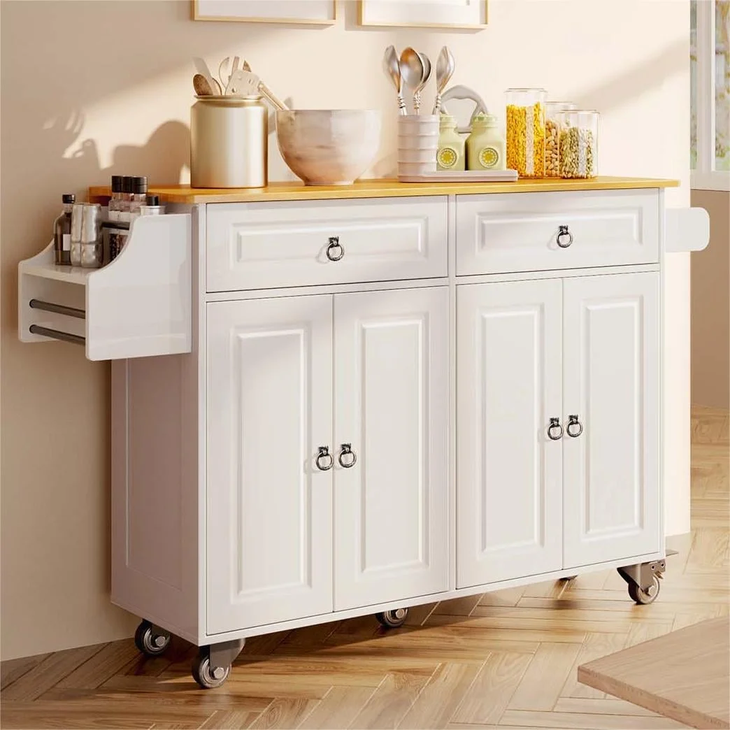 Lofka 52-Inch Kitchen Island with Storage on Wheels with Wood Drop Leaf, Ideal for Small Kitchens - Image 2