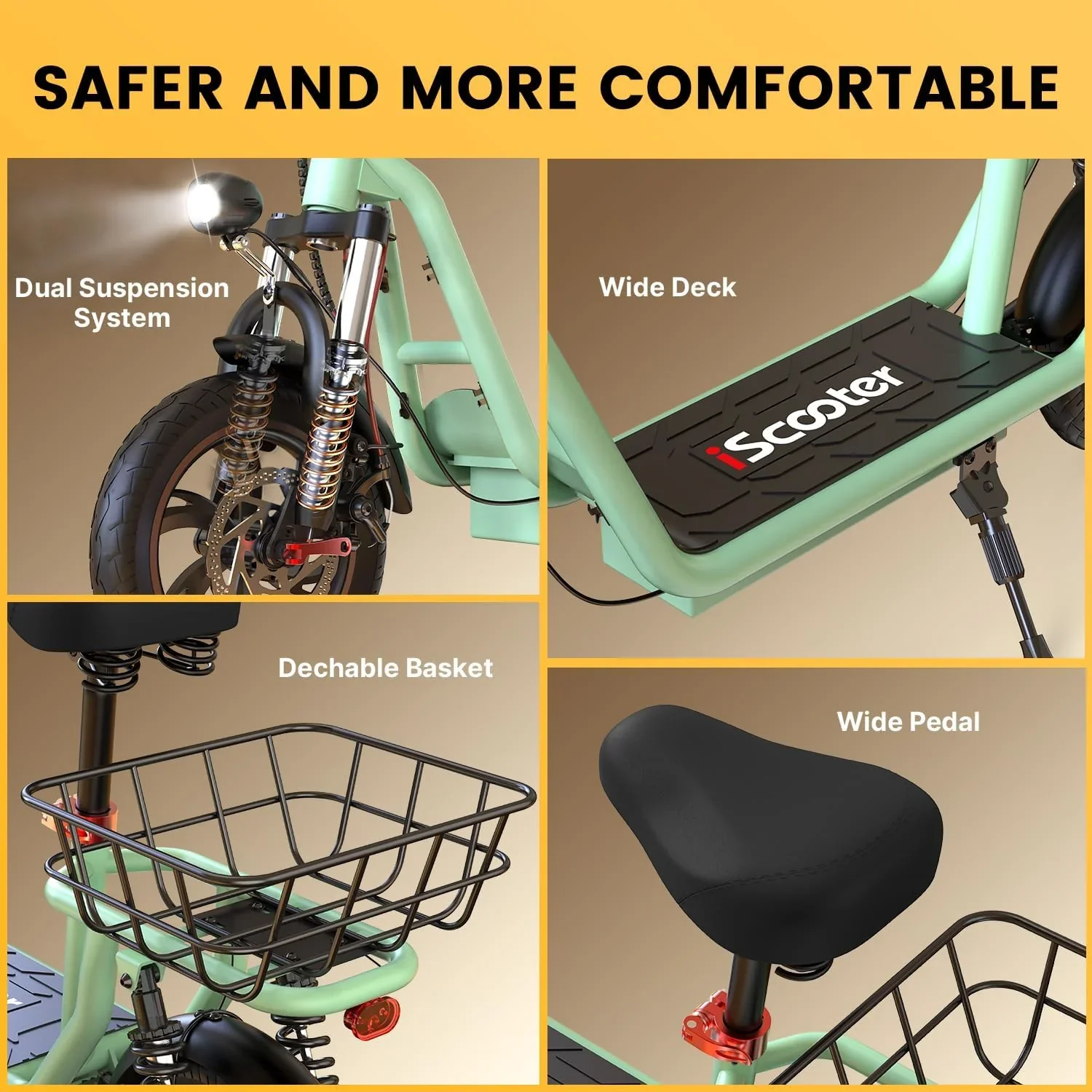 iScooter electric scooter with seat 28/19/15.6 mph top speed dual suspension scooter