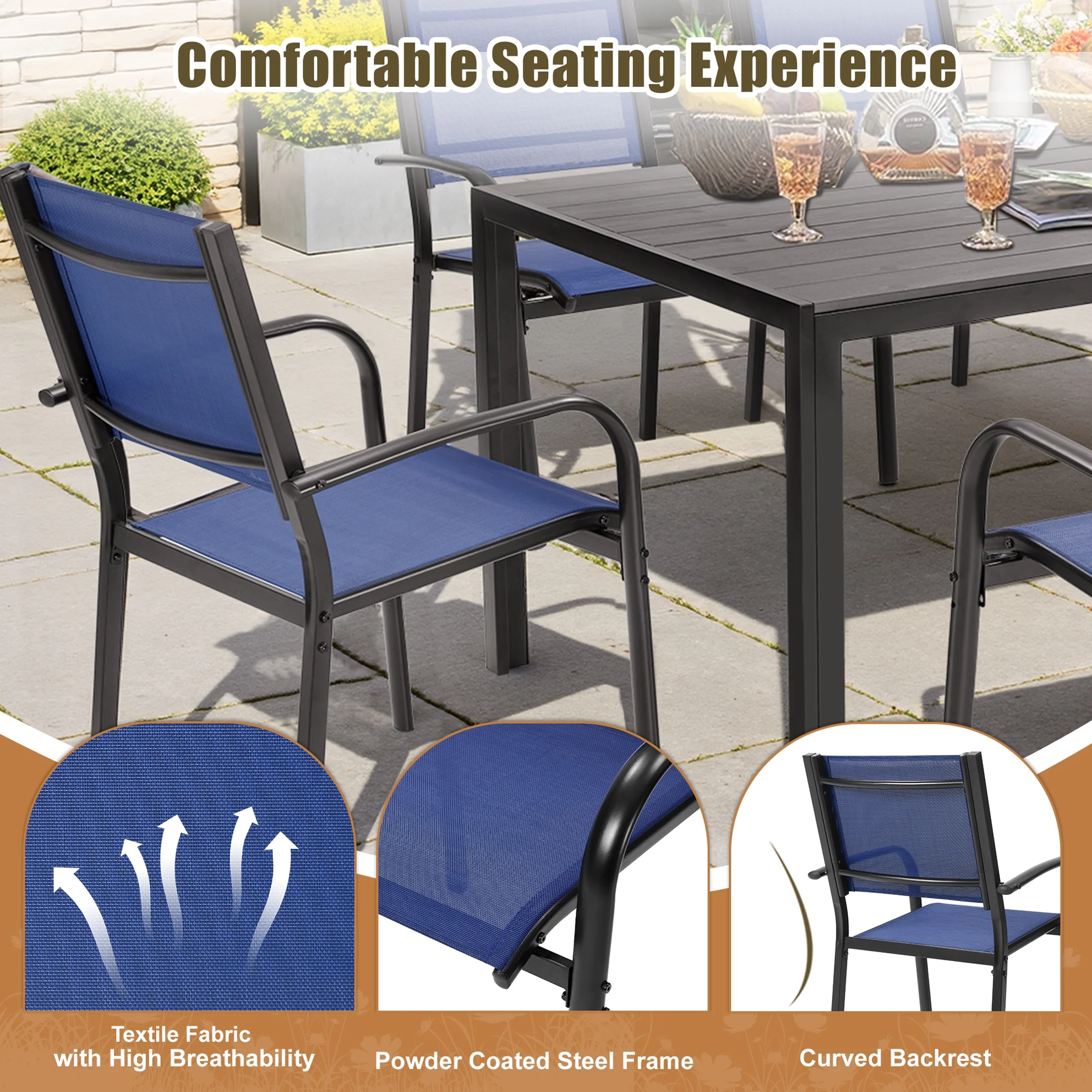 7 Piece Outdoor Dining Set, Patio Dining Table Set for 6 Persons, Garden Patio Textilene Dining Furniture Set with Plastic-Wood Tabletop, Dining Table Chairs Conversation Set for Deck Patio - Image 23