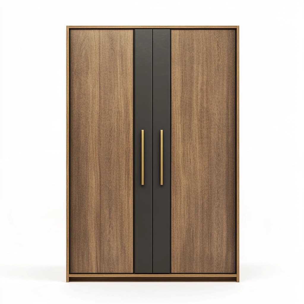 Armario de dormitorio contemporáneo de madera y negro con puertas dobles y tiradores dorados organizador de ropa 180x120x50cm tipo ropero