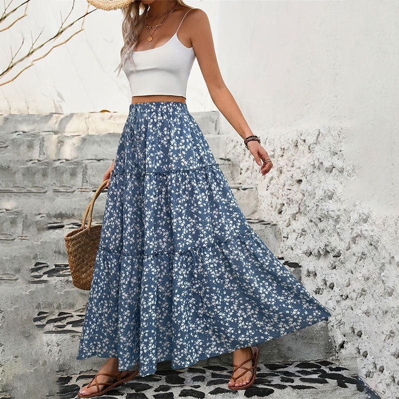 Small floral belt three-layer splicing long skirt - Se7enfashion