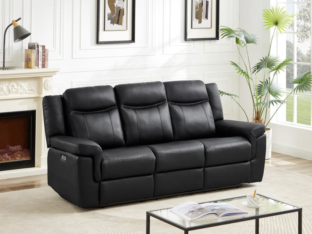 Sofá de 3 plazas relax eléctrico de piel negro con tableta bar