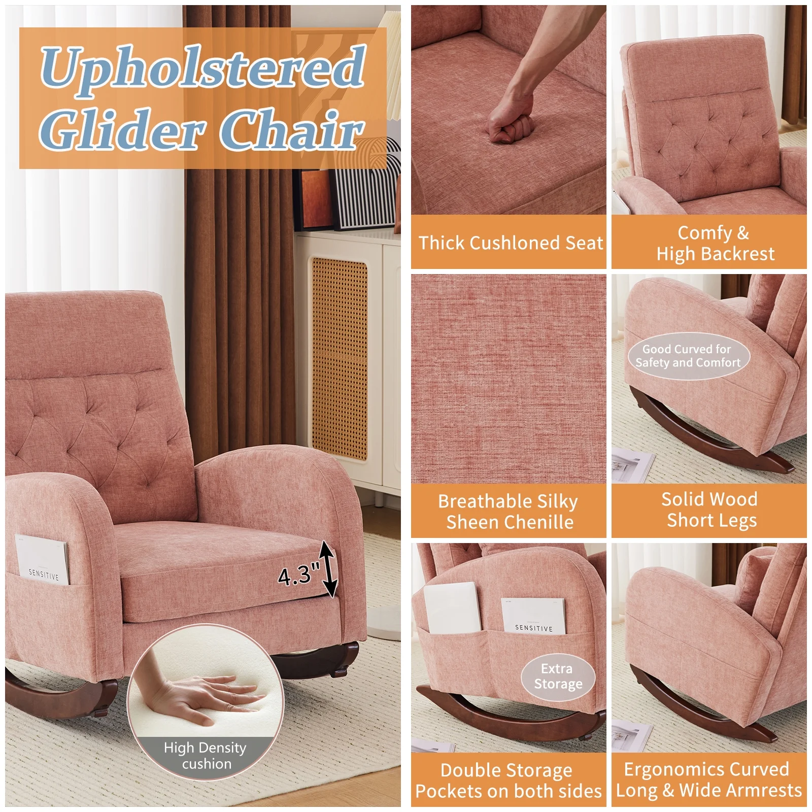 Ktaxon Rocking Accent Chair Glider Reading Chair Comfy Teddy Velvet Upholstered Single Sofa Rocker for Living Room, Nursery, Bedroom Beige - Image 18