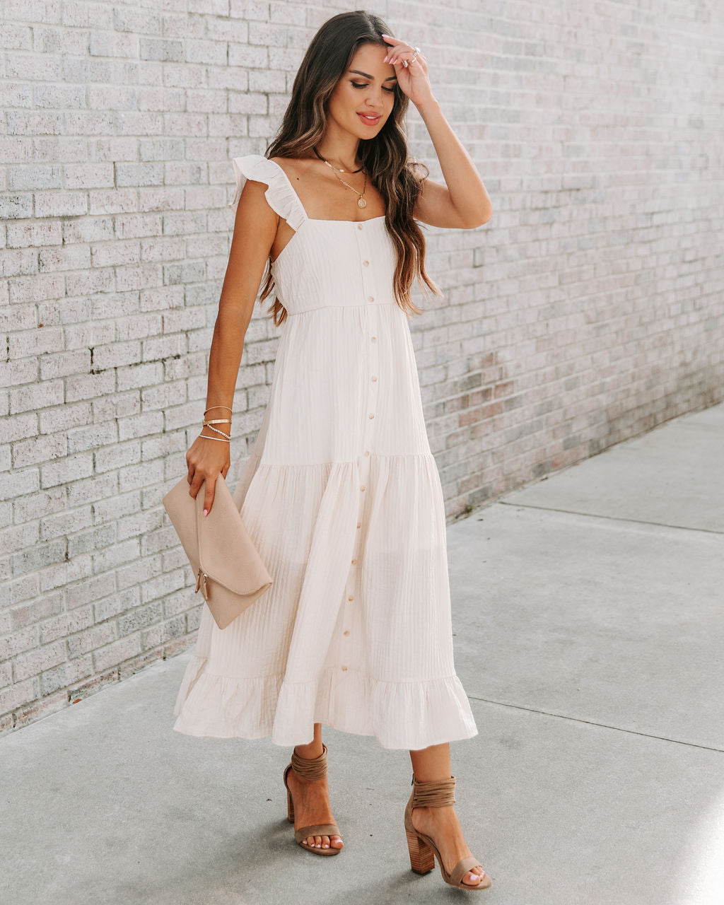 Cana Tiered Textured Midi Dress - Cream - Se7enfashion