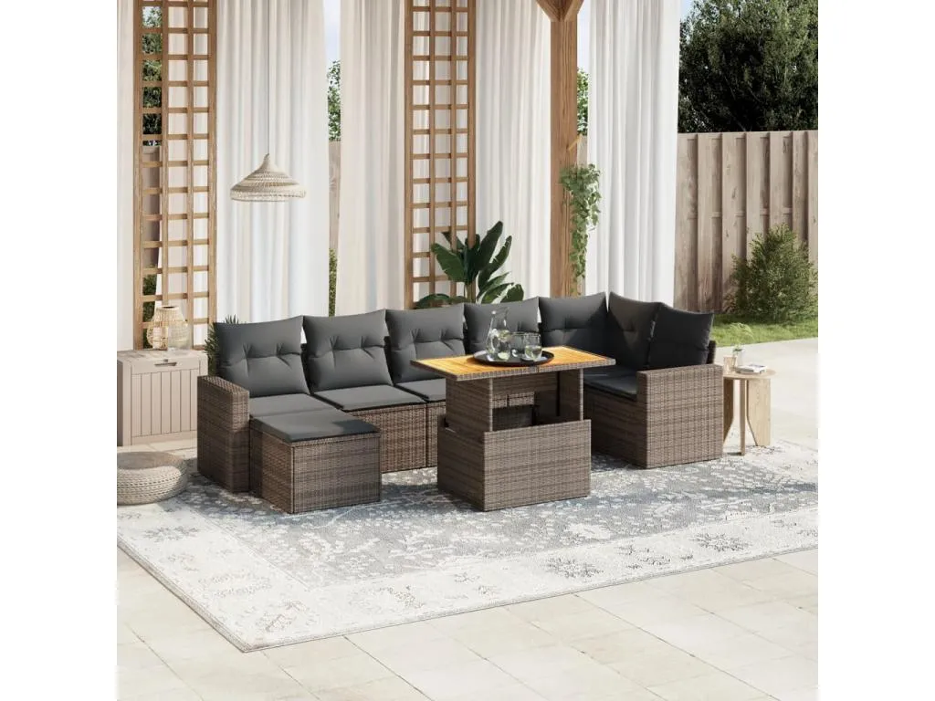 Set de sofás de jardín 8 pzas y cojines ratán sintético gris