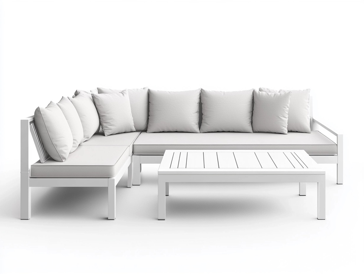 Conjunto Modular de Sofá de Esquina para Exterior en Metal Blanco con Mesa de Centro