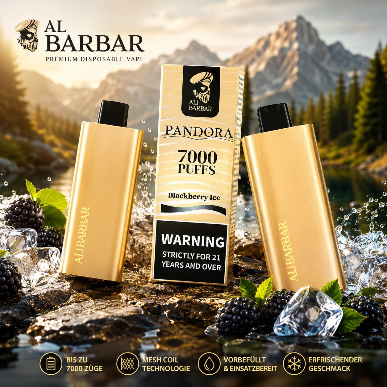 Alibarbar Pandora 7000 Züge Einweg E-Zigarette (Nikotinfrei 0%) – 17ml Mesh-Coil Vape