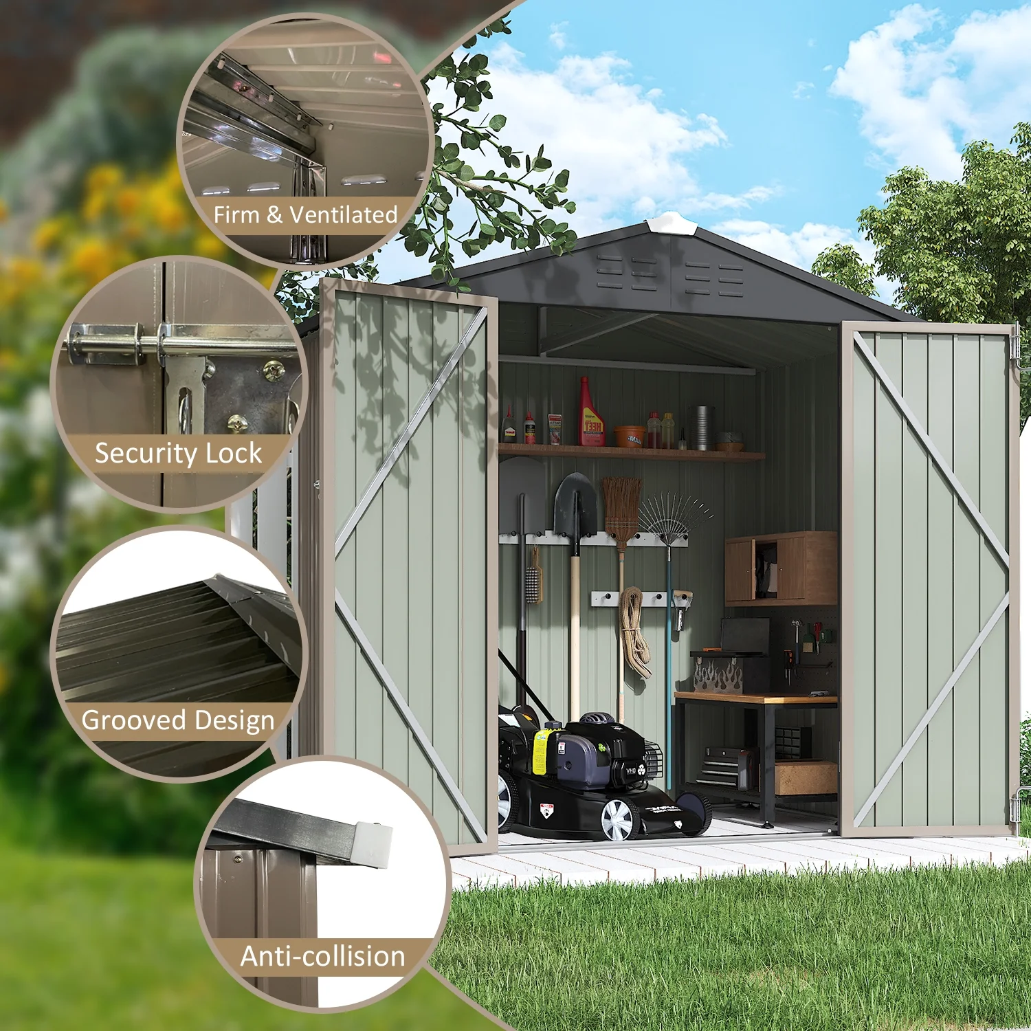 LACOO 4' x 6' Outdoor Storage Metal Shed for Tool Storage, Outdoor House for Backyard & Garden,Brown - Image 10