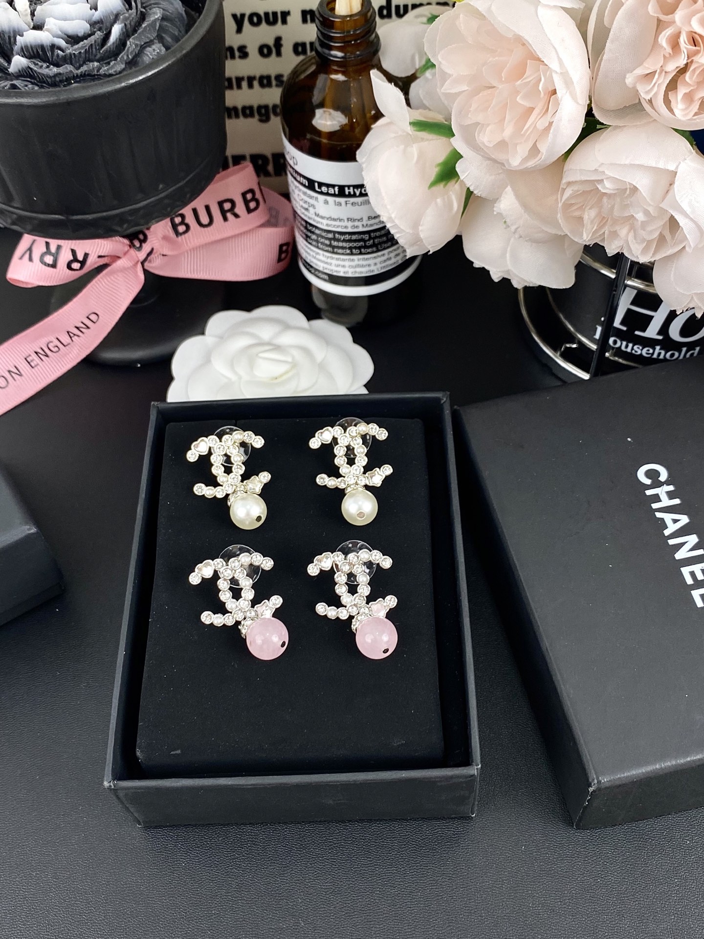 Chanel Pink Crystal Pearl Dangle Rhinestone CC Earrings - Original Replica Club